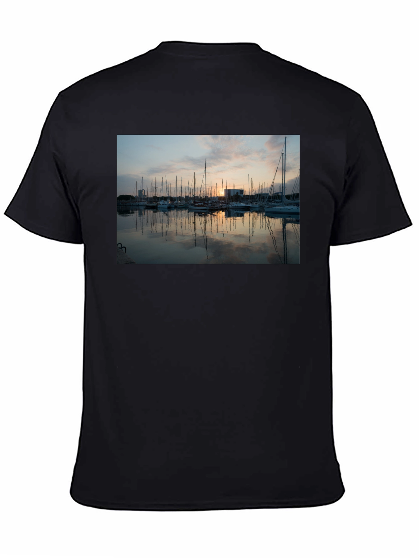 Sunset Marina Graphic Tee - Black Cotton T-Shirt