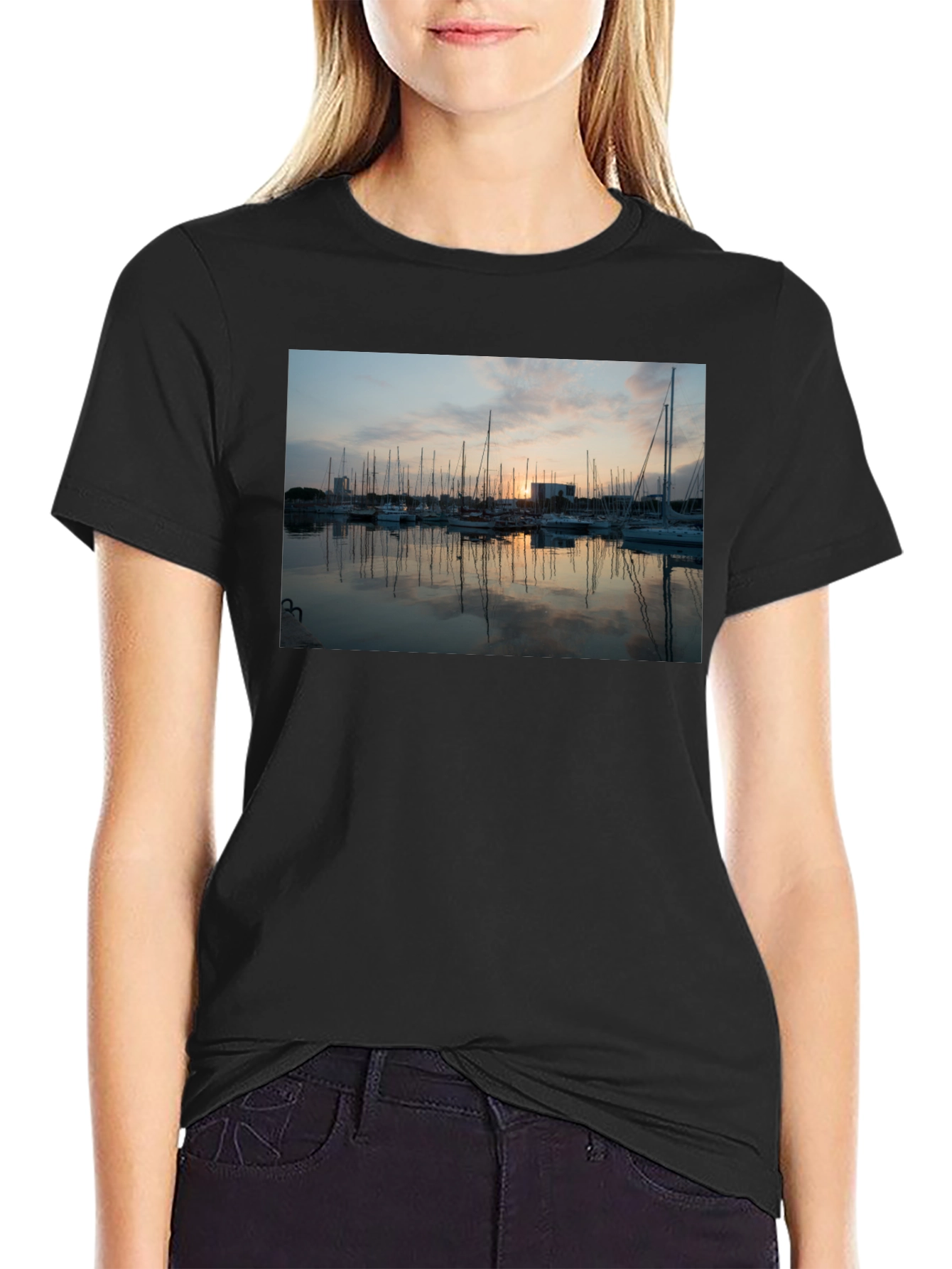 Sunset Marina Graphic Tee - Black Cotton T-Shirt