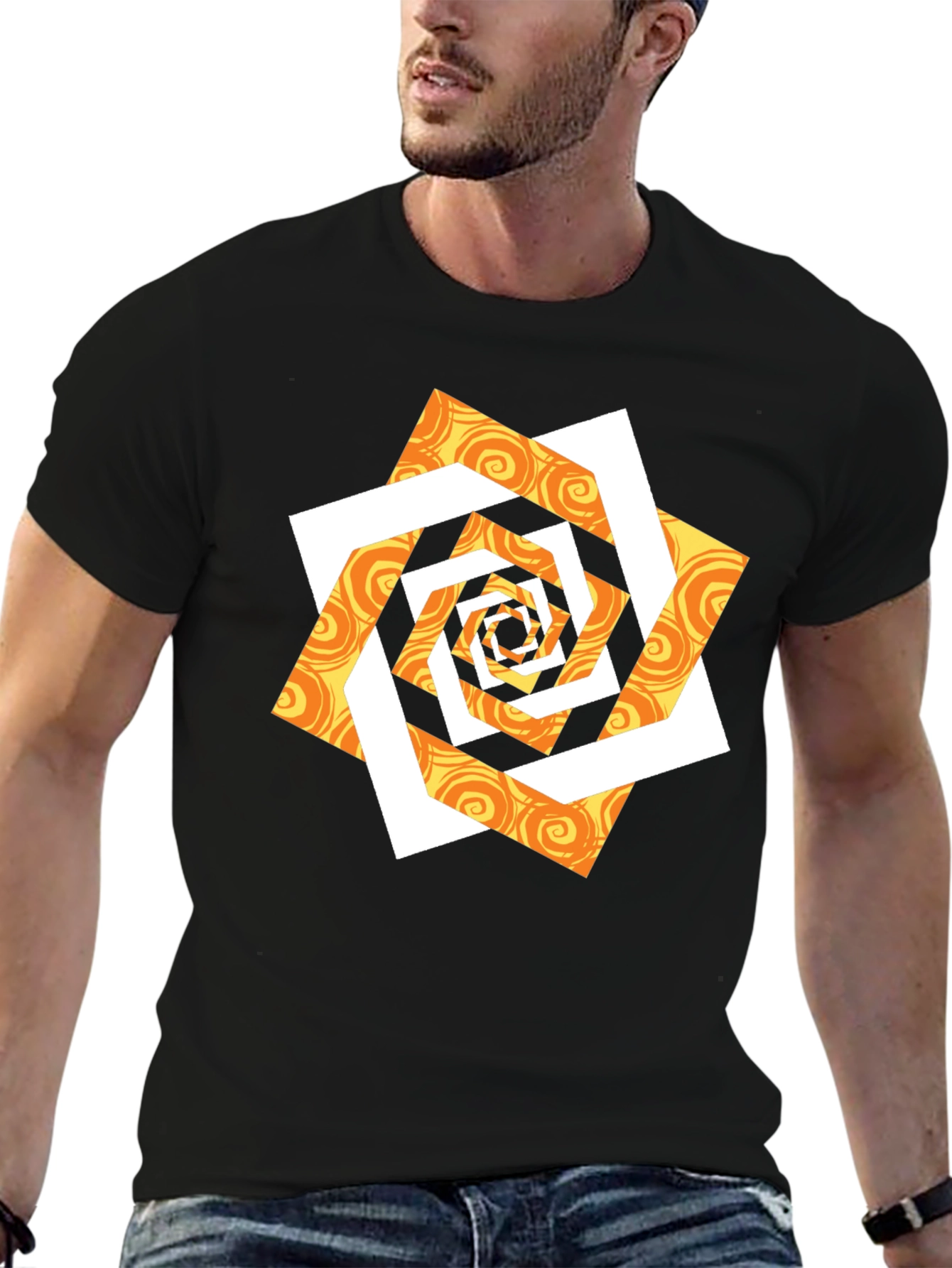 Abstract Geometric Swirl Graphic T-Shirt - Black