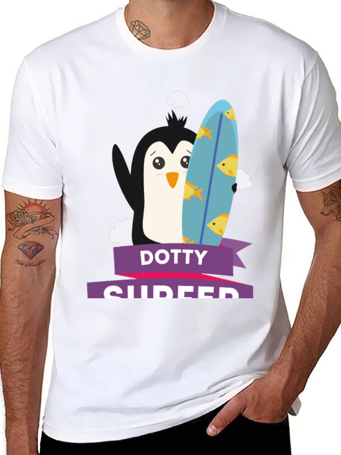 Dotty Surfer Tee - Penguin Surfboard Graphic T-Shirt