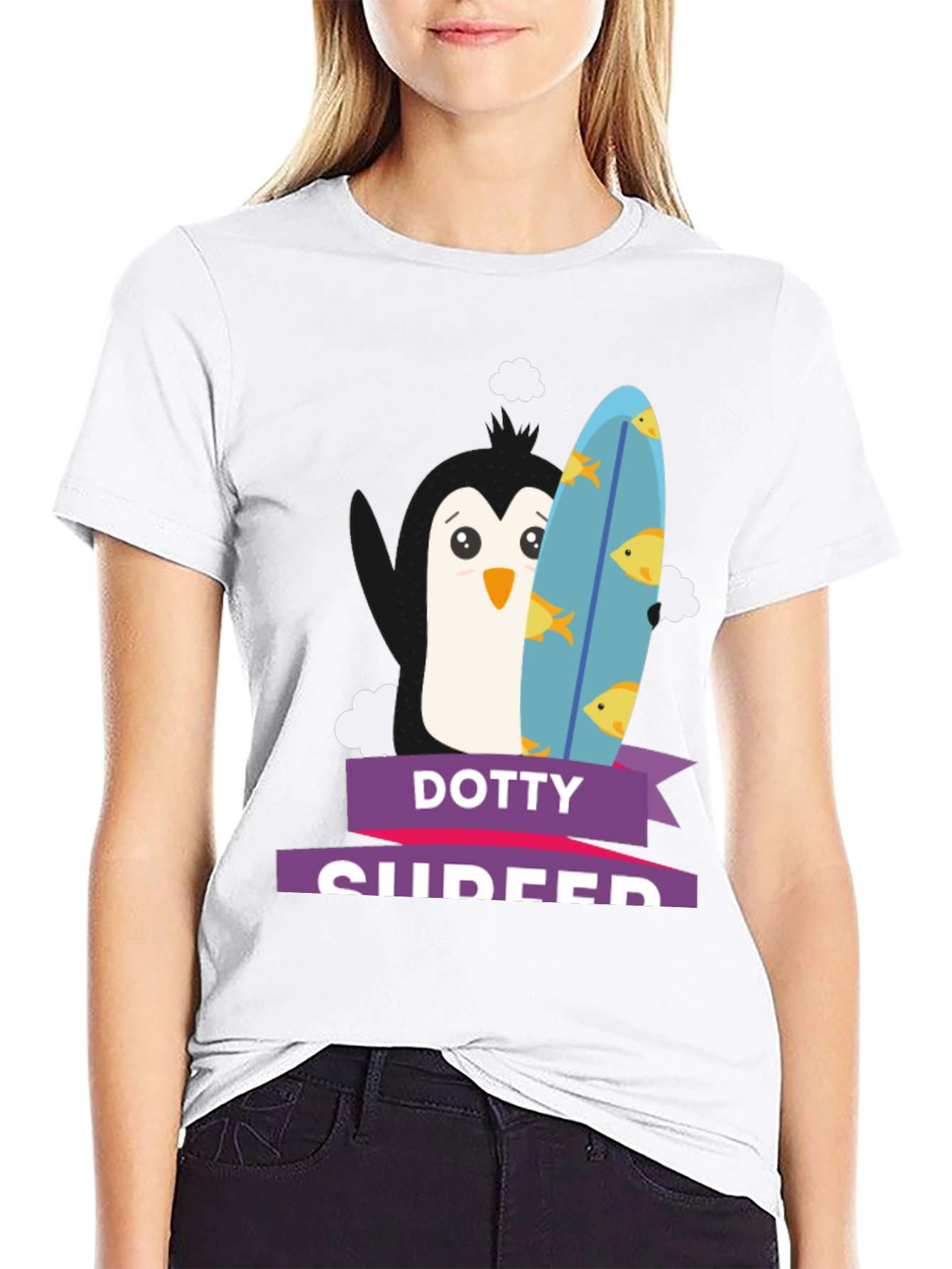 Dotty Surfer Tee - Penguin Surfboard Graphic T-Shirt