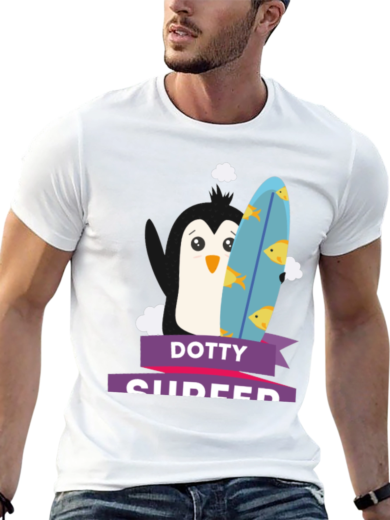Dotty Surfer Tee - Penguin Surfboard Graphic T-Shirt