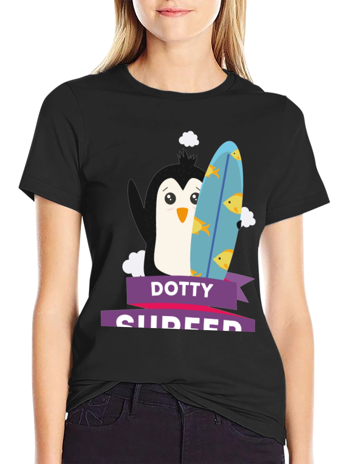 Dotty Surfer Tee - Penguin Surfboard Graphic T-Shirt