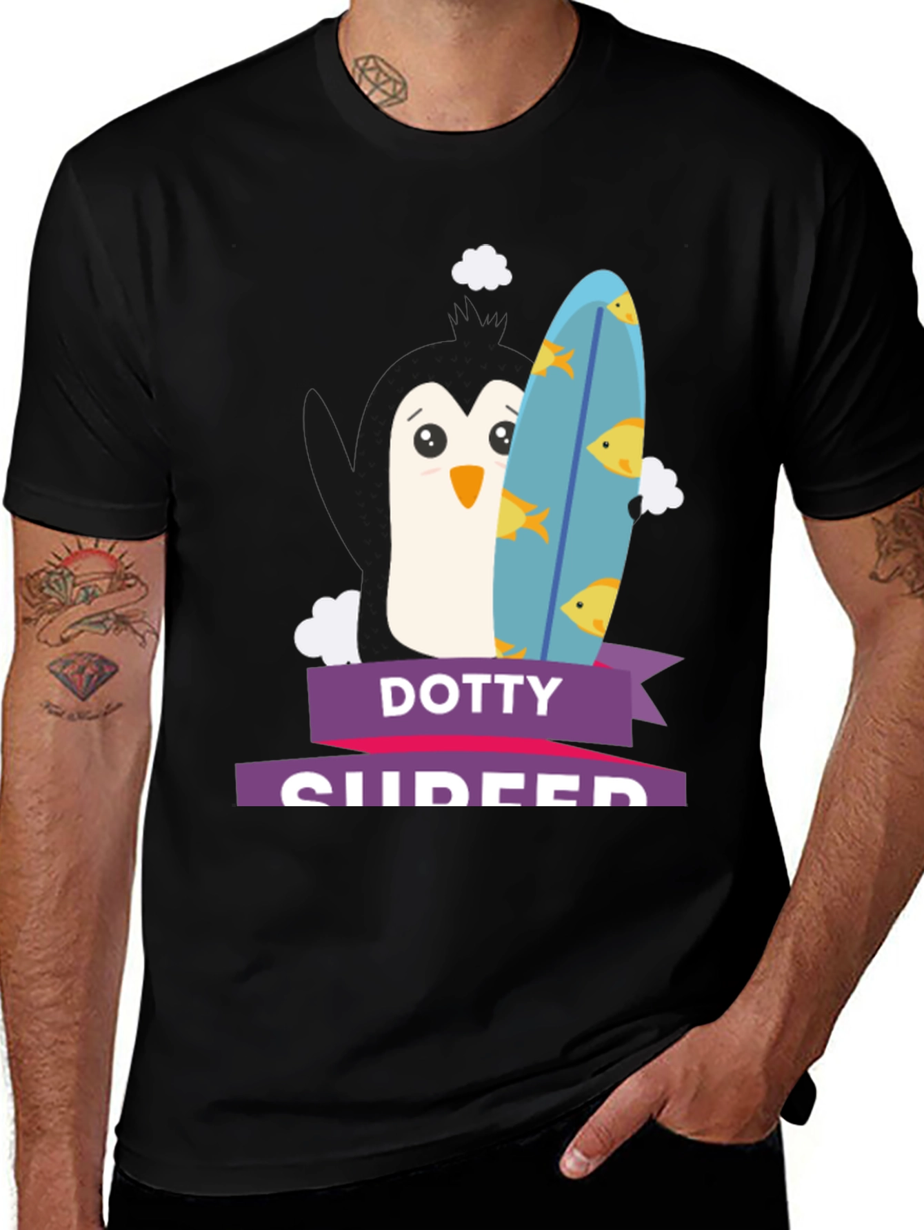 Dotty Surfer Tee - Penguin Surfboard Graphic T-Shirt