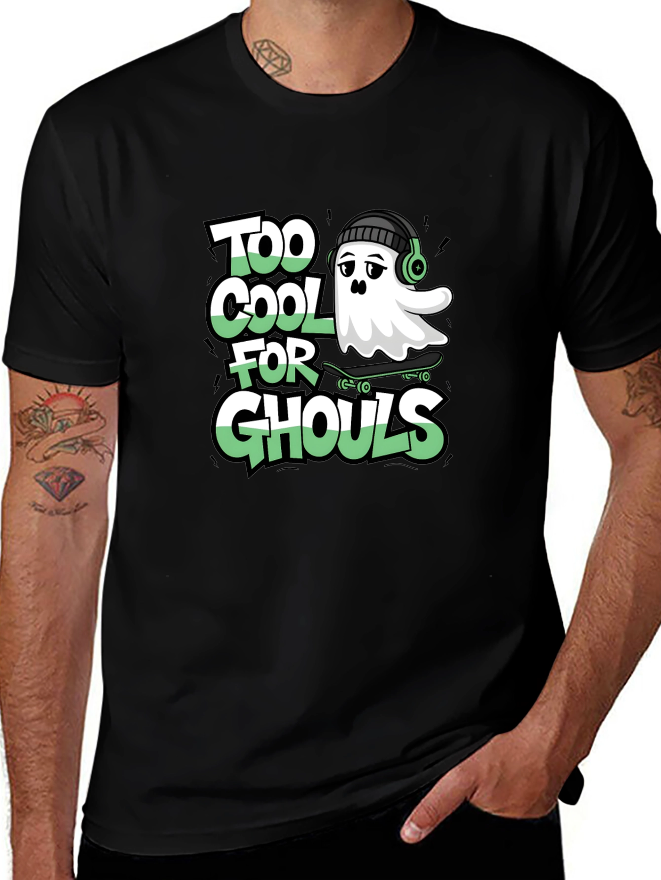 Cool Ghost Skateboard Tee - Too Cool for Ghouls Black Shirt
