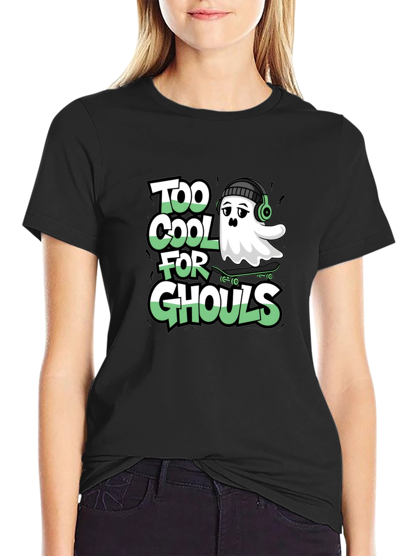 Cool Ghost Skateboard Tee - Too Cool for Ghouls Black Shirt