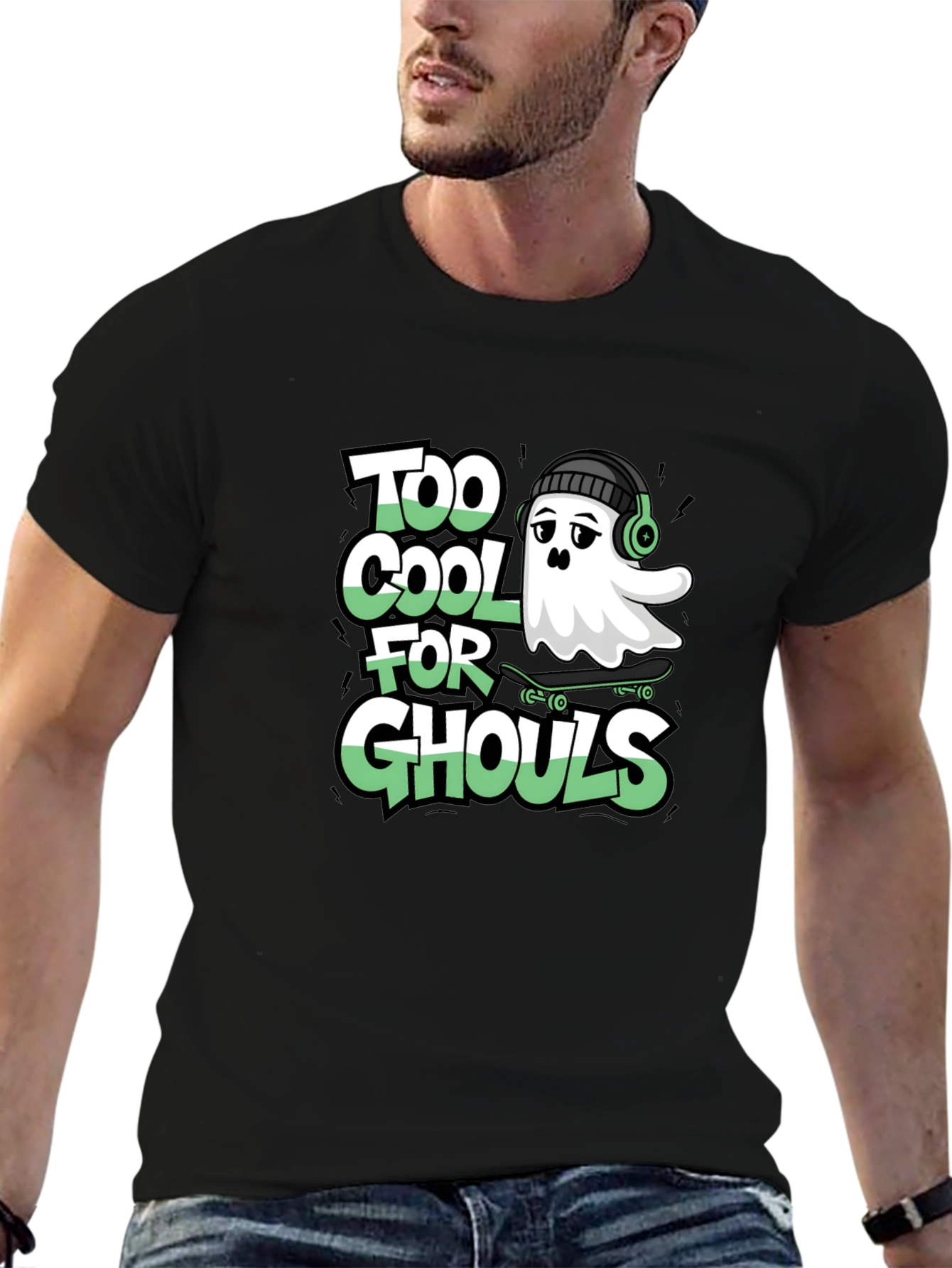 Cool Ghost Skateboard Tee - Too Cool for Ghouls Black Shirt