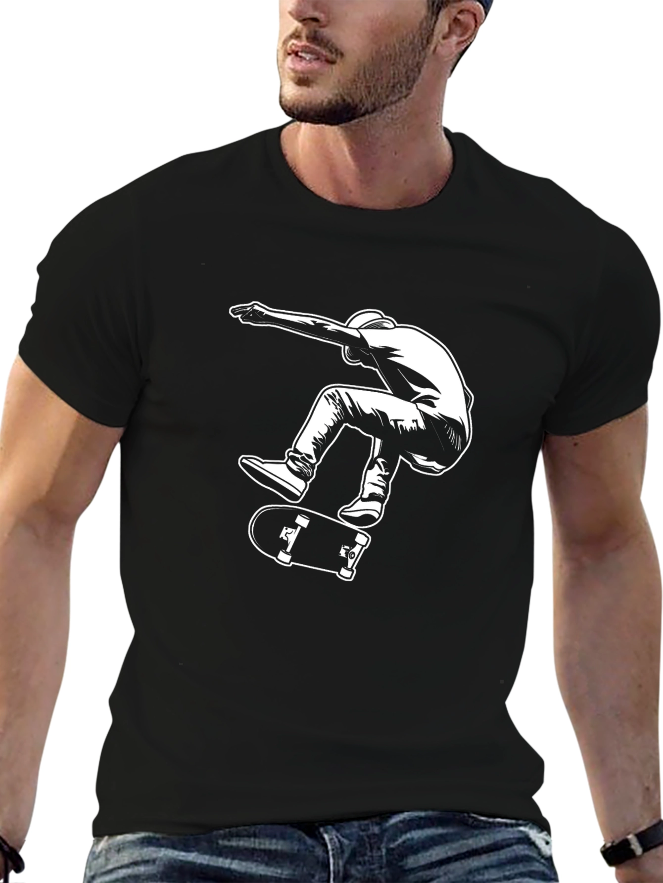 Cool Skateboarder Graphic Tee - Black Cotton Shirt