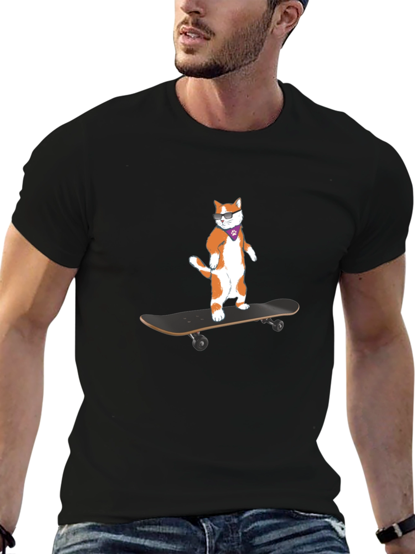 Cool Cat Skateboarder Black T-Shirt