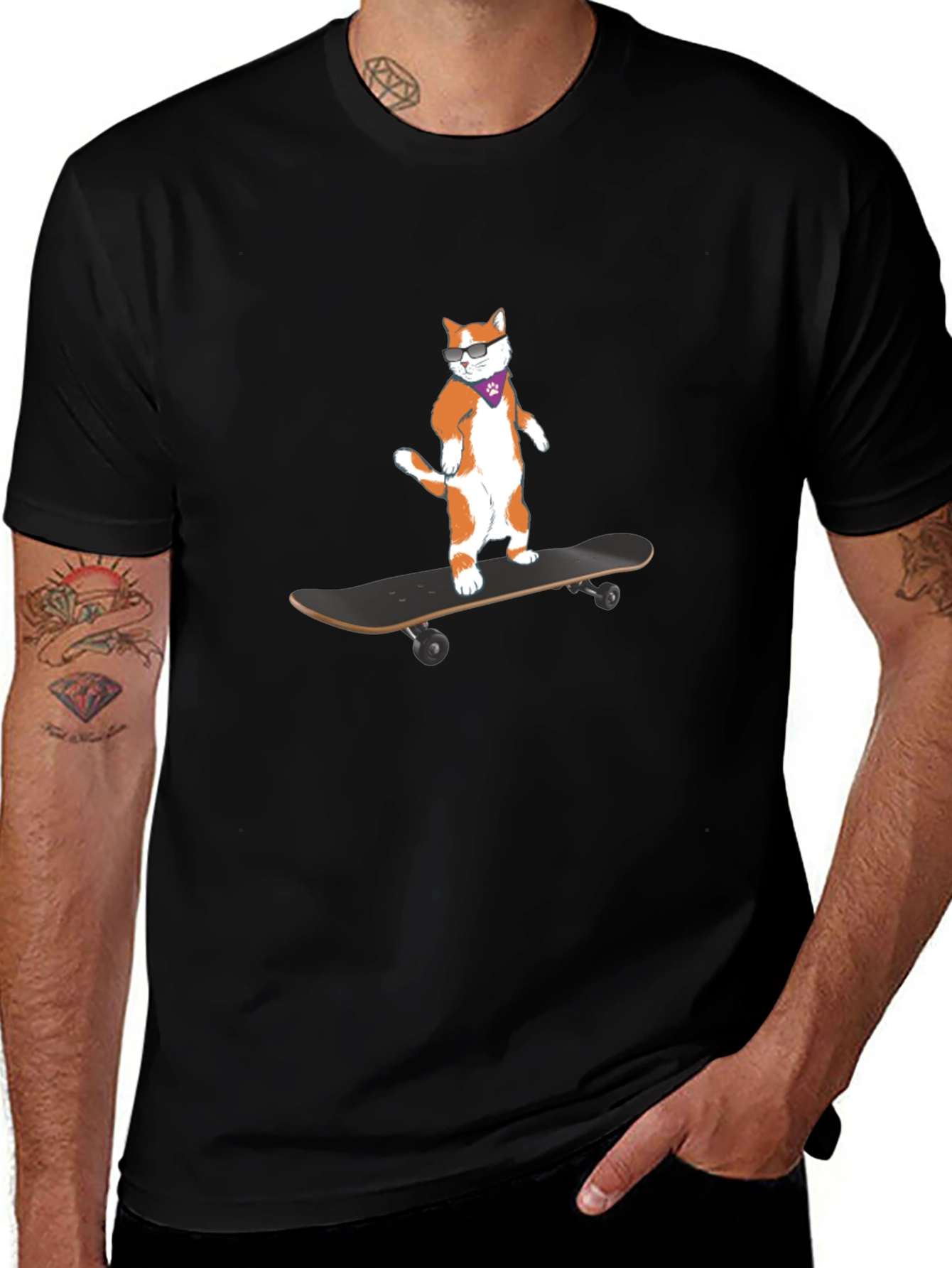 Cool Cat Skateboarder Black T-Shirt