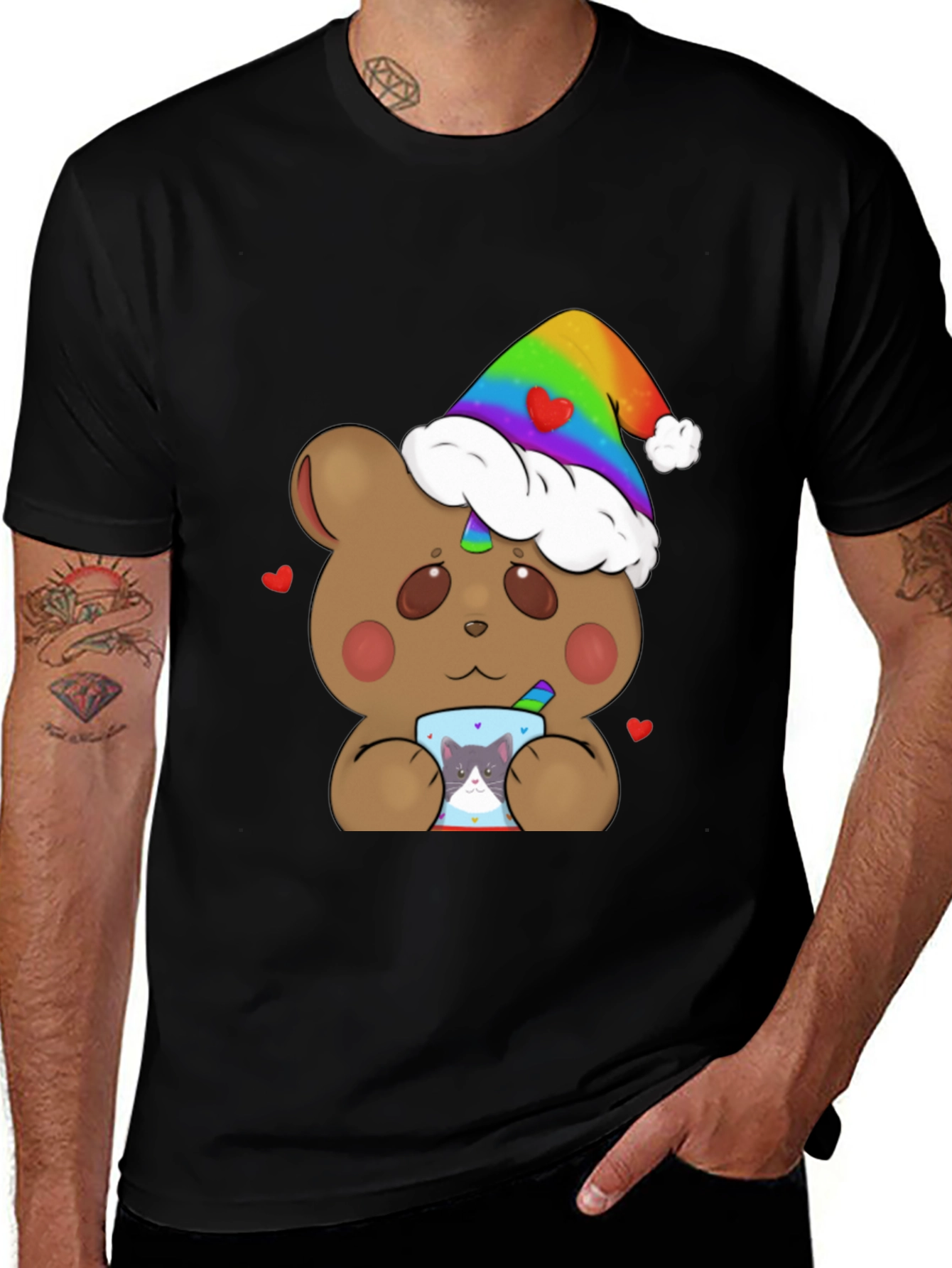 Bear with Rainbow Hat & Cat Mug T-Shirt