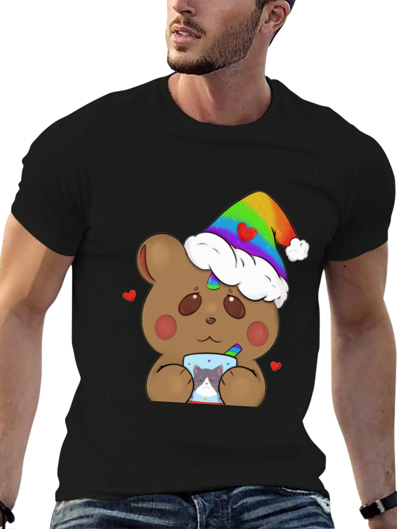 Bear with Rainbow Hat & Cat Mug T-Shirt