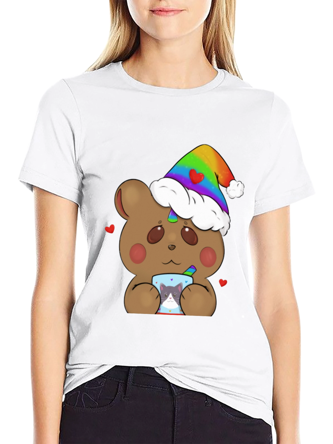 Bear with Rainbow Hat & Cat Mug T-Shirt