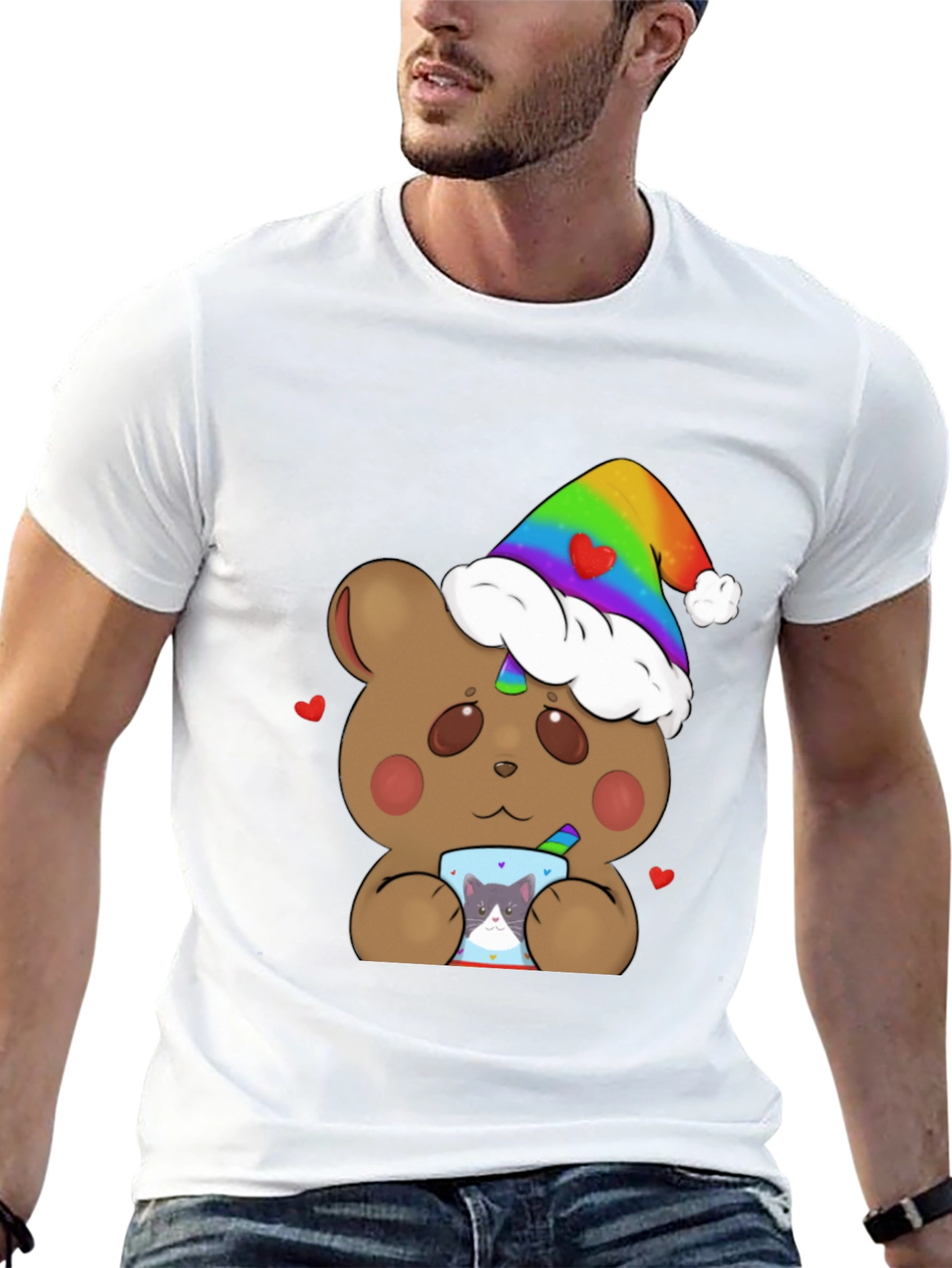 Bear with Rainbow Hat & Cat Mug T-Shirt