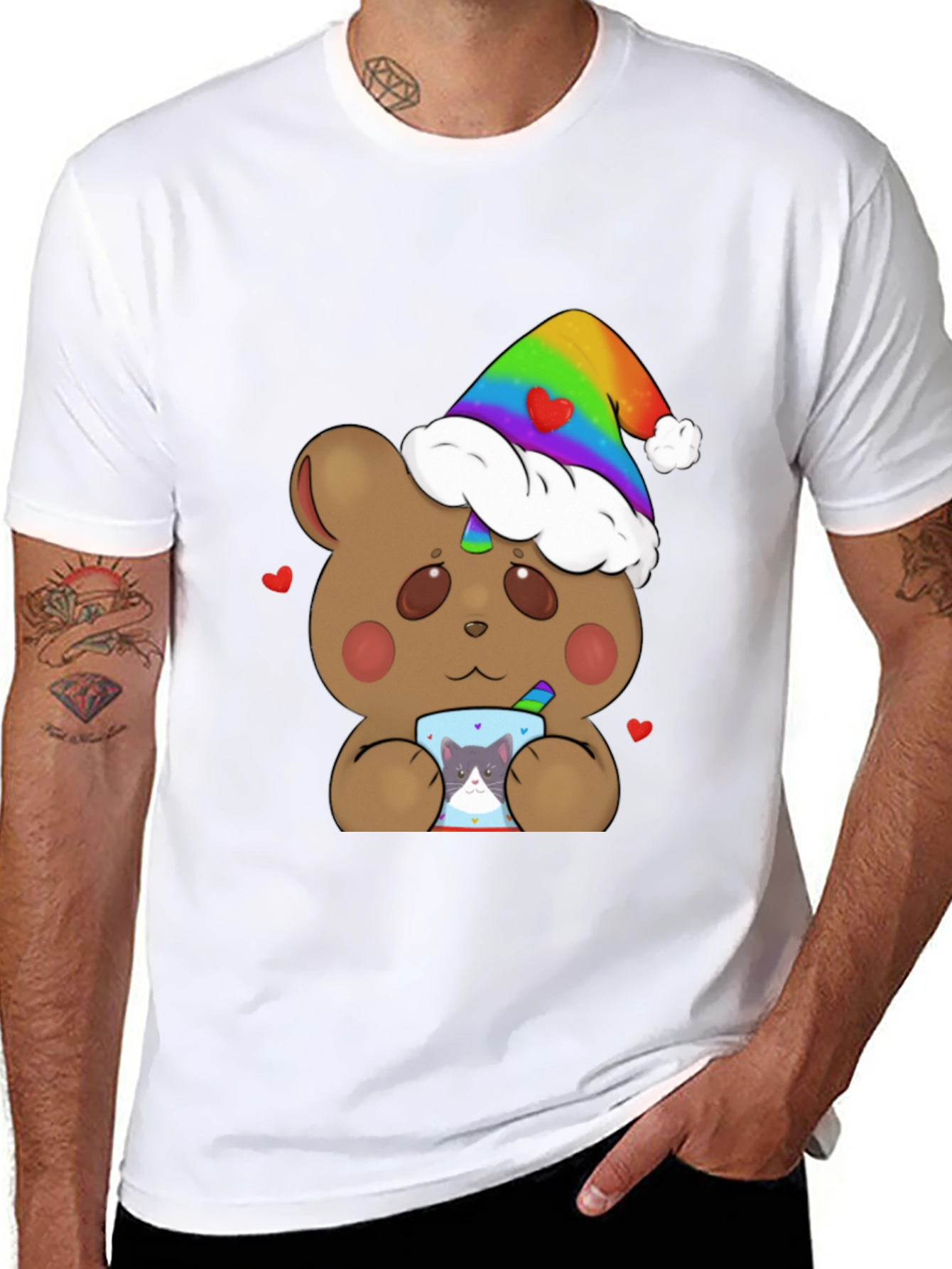 Bear with Rainbow Hat & Cat Mug T-Shirt