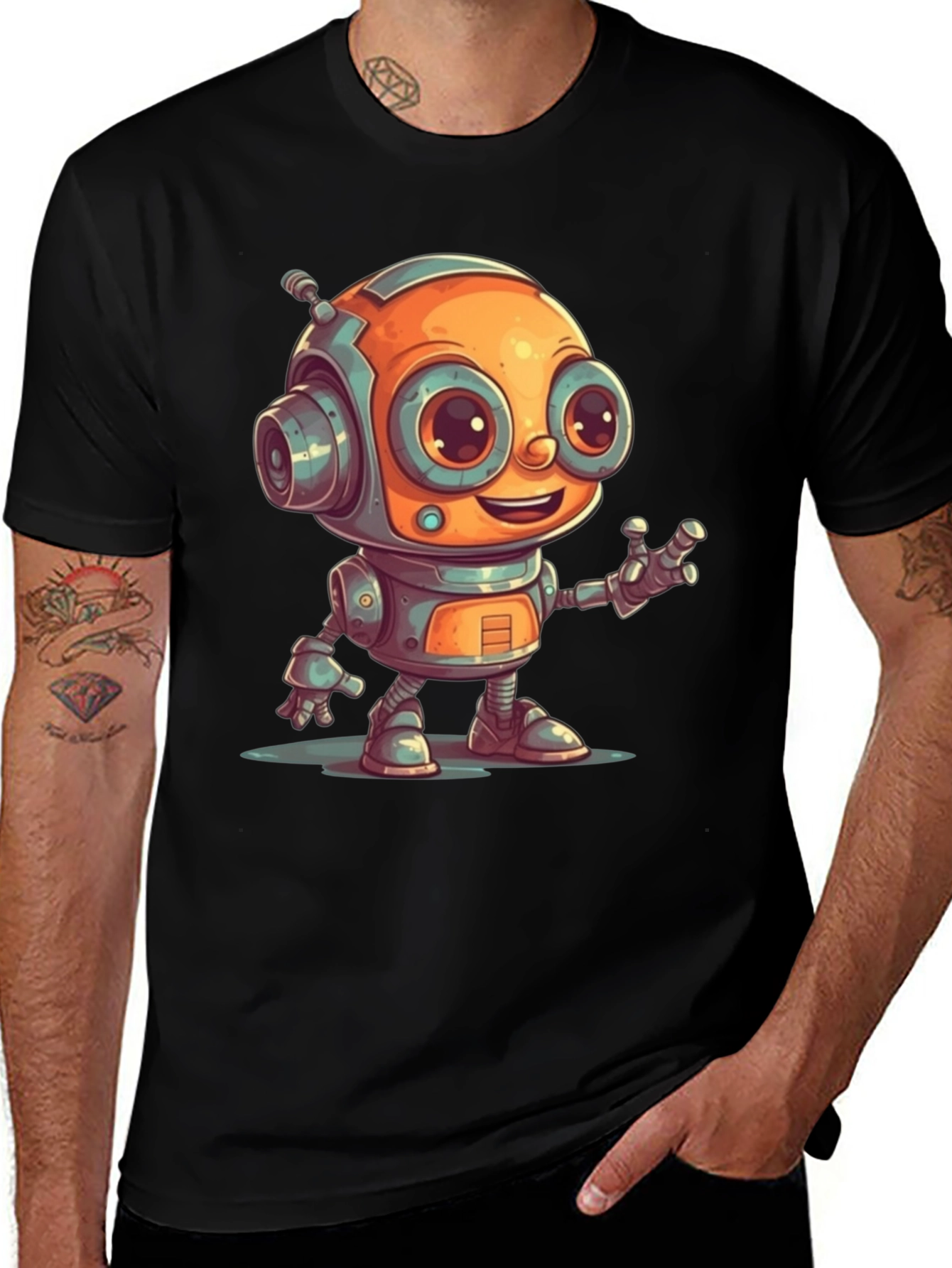Cute Robot Graphic Tee - Black Cotton T-Shirt