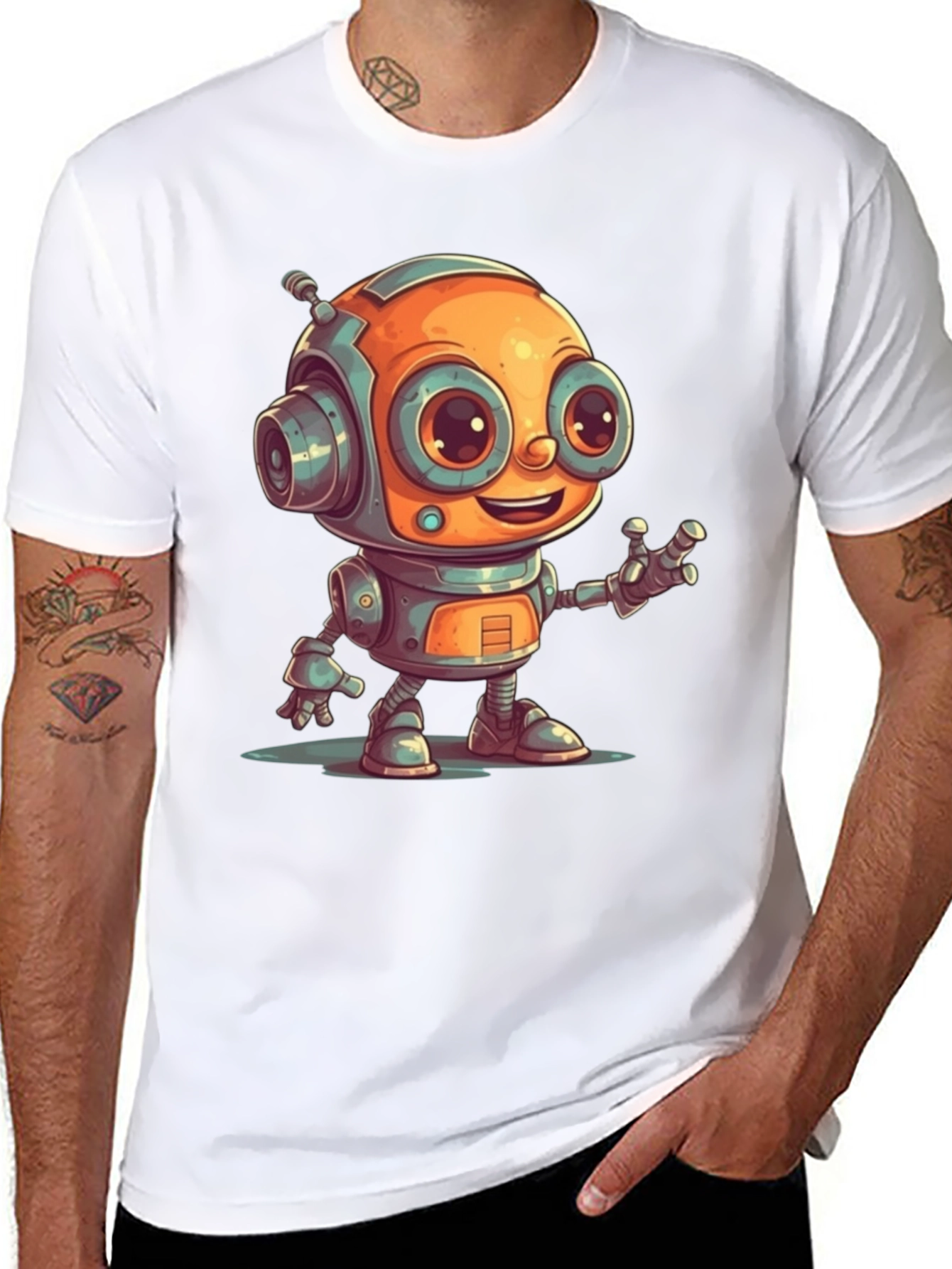 Cute Robot Graphic Tee - Black Cotton T-Shirt