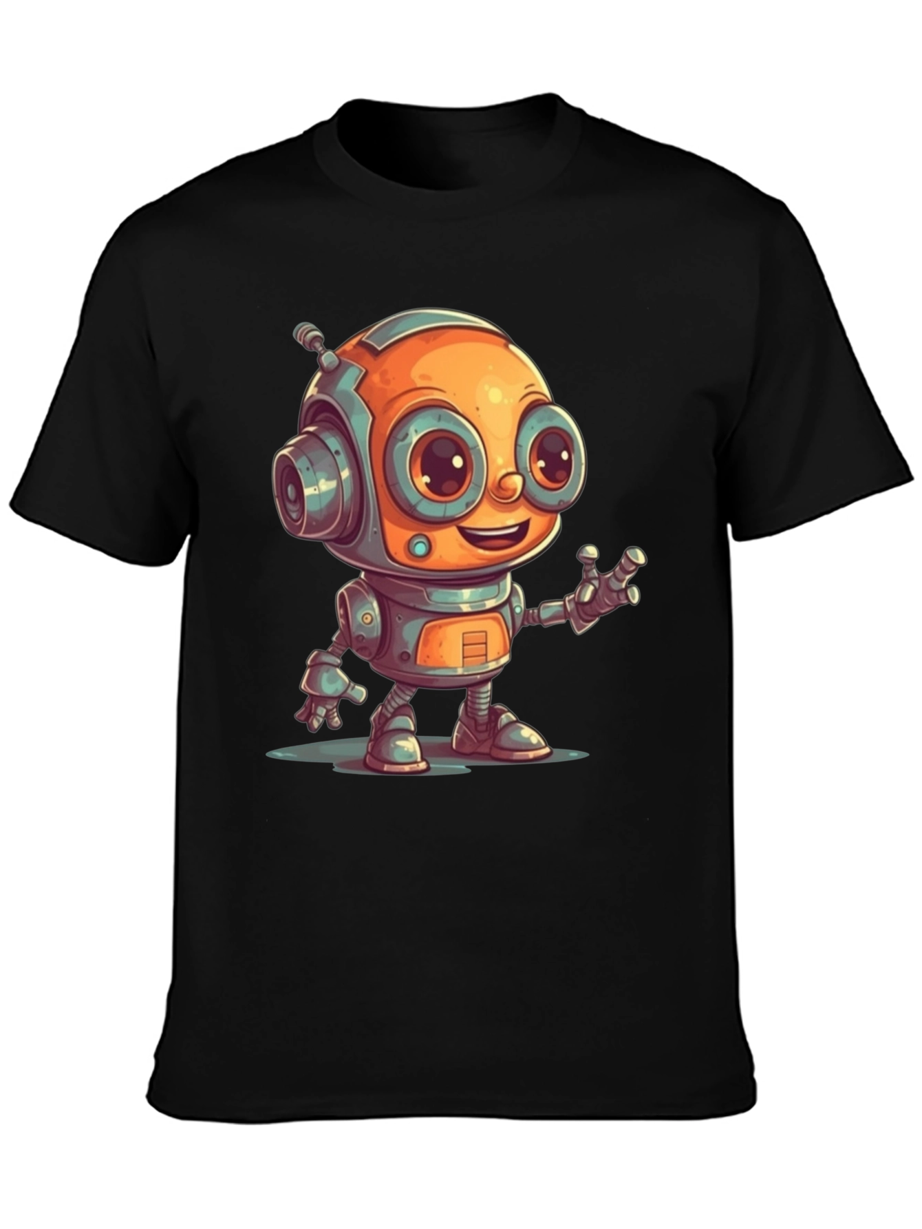 Cute Robot Graphic Tee - Black Cotton T-Shirt