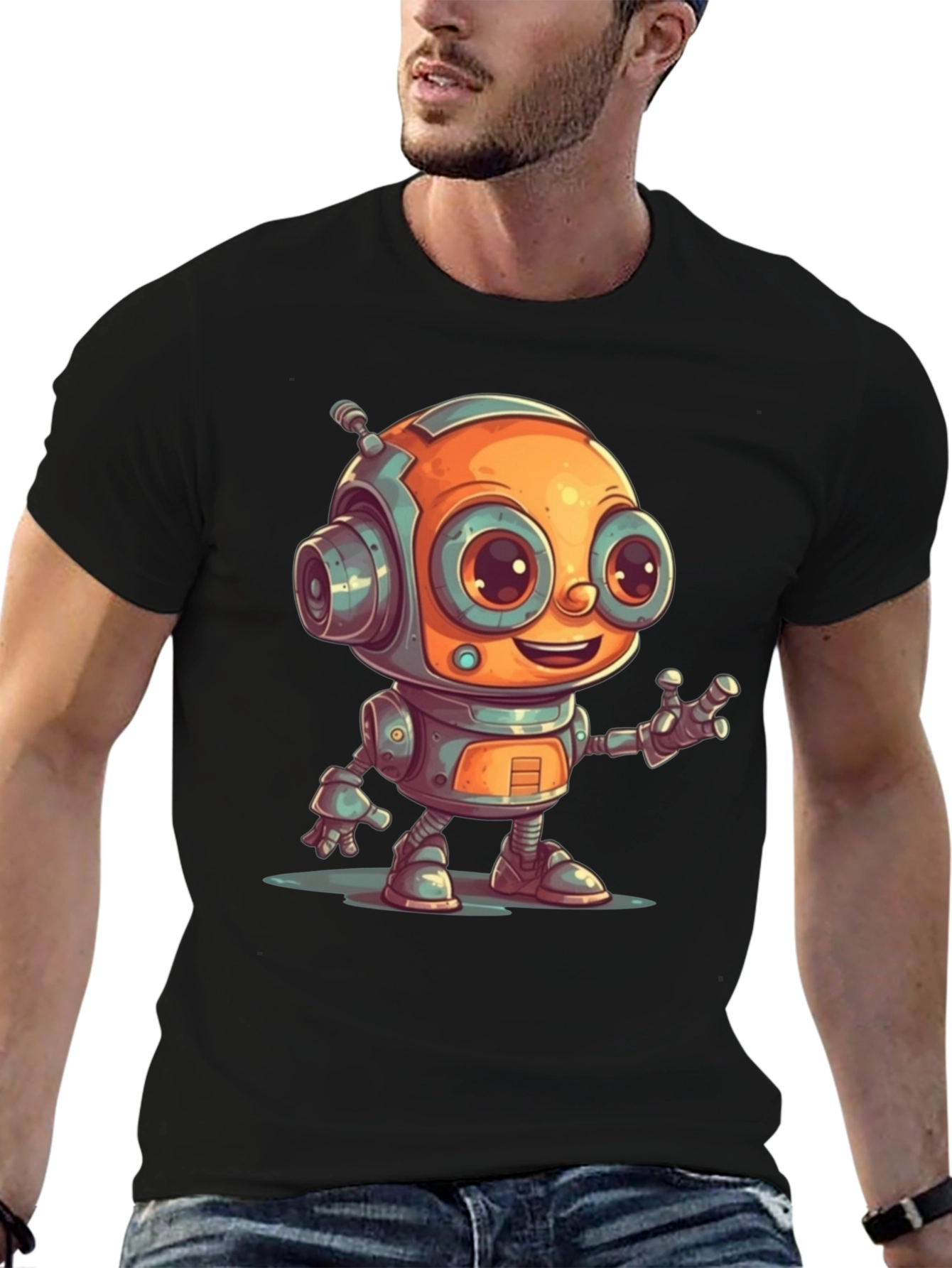 Cute Robot Graphic Tee - Black Cotton T-Shirt