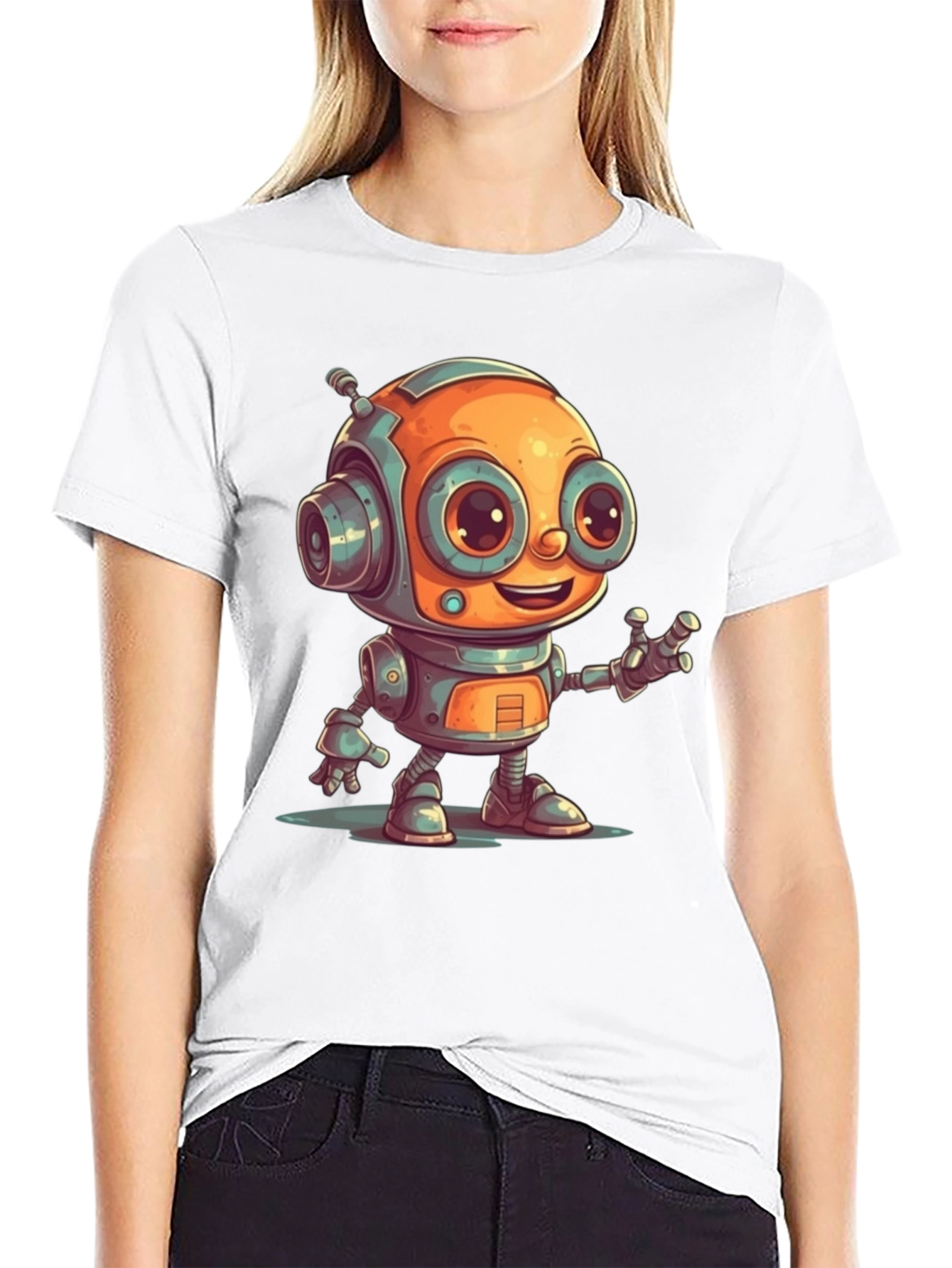 Cute Robot Graphic Tee - Black Cotton T-Shirt
