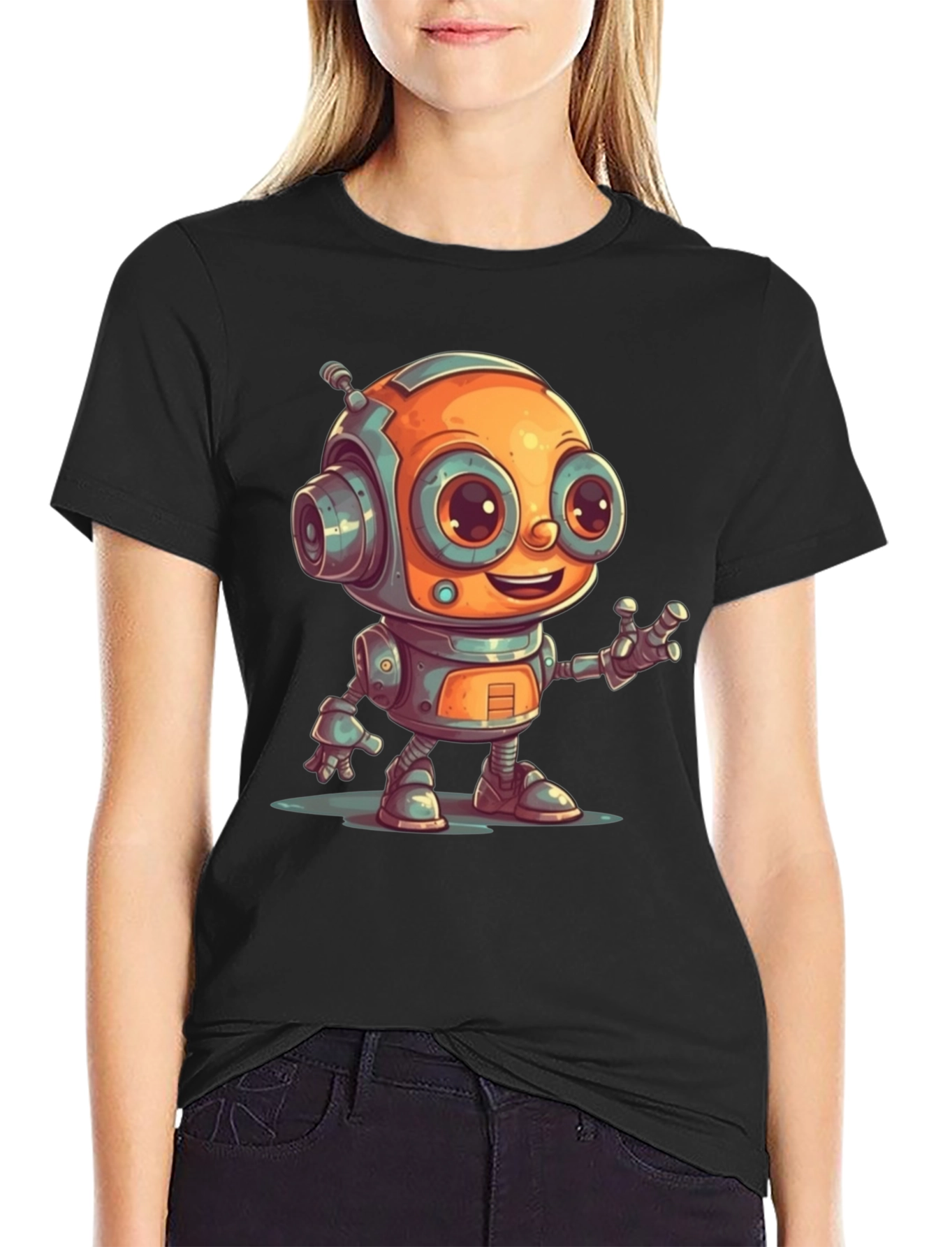 Cute Robot Graphic Tee - Black Cotton T-Shirt