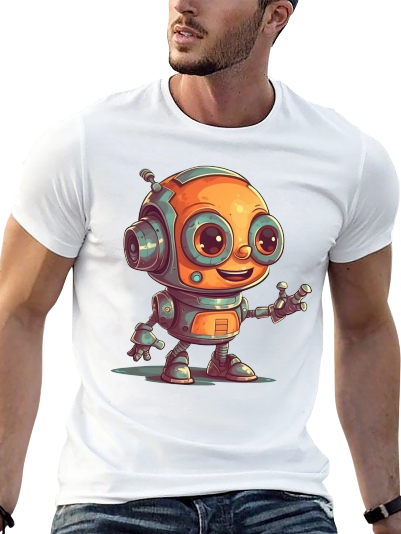 Cute Robot Graphic Tee - Black Cotton T-Shirt