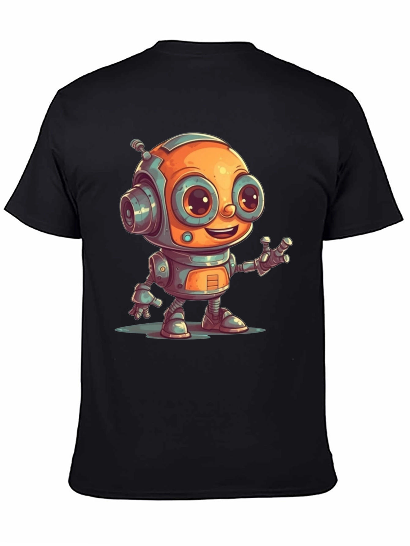 Cute Robot Graphic Tee - Black Cotton T-Shirt