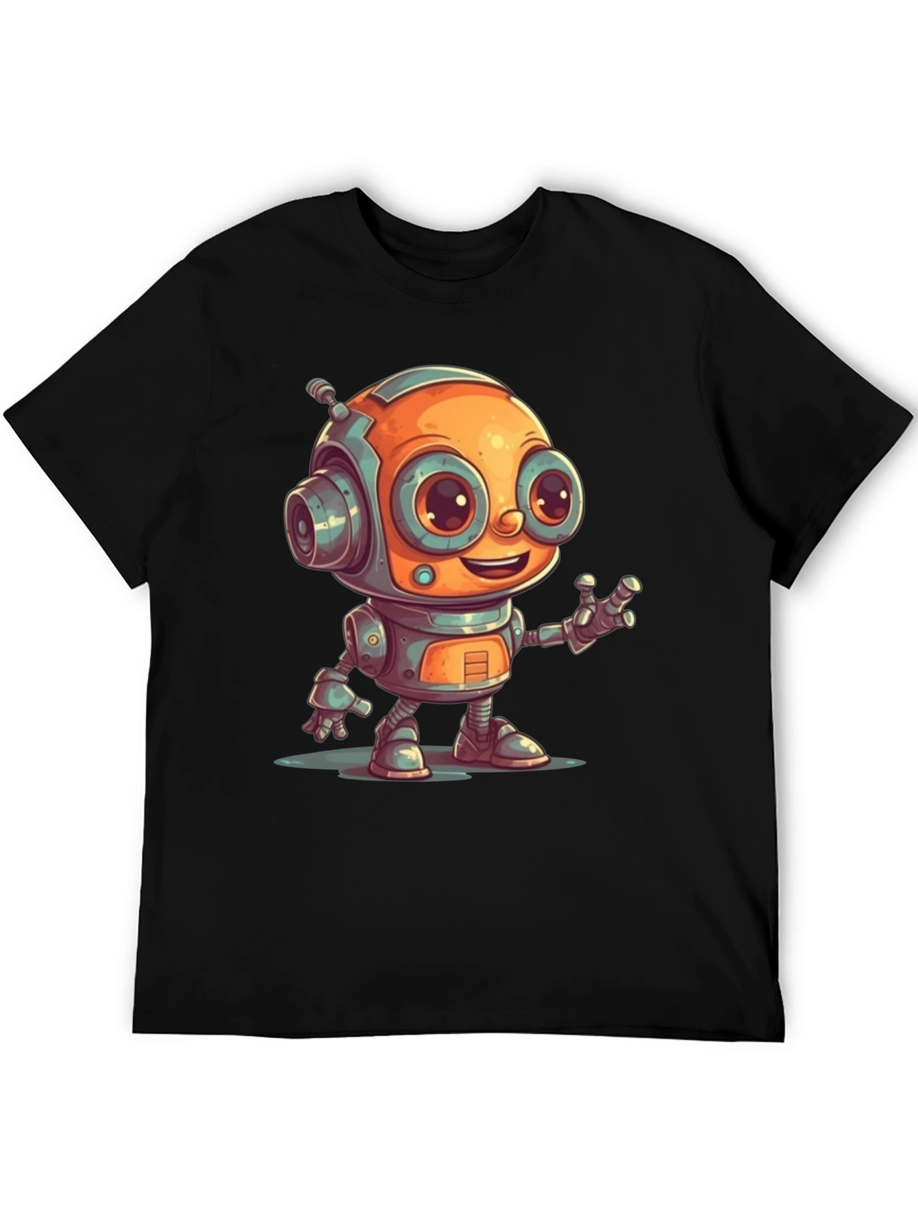 Cute Robot Graphic Tee - Black Cotton T-Shirt