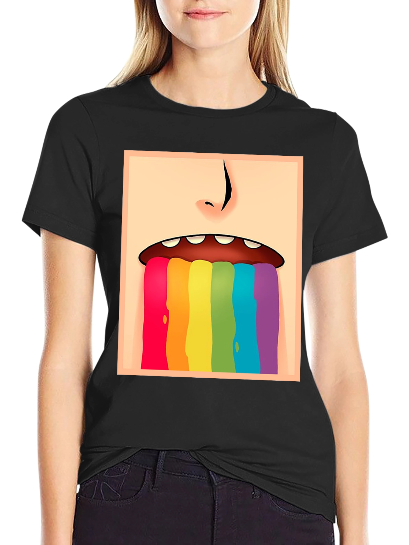 Rainbow Vomit Graphic Tee - Black Cotton Comfort