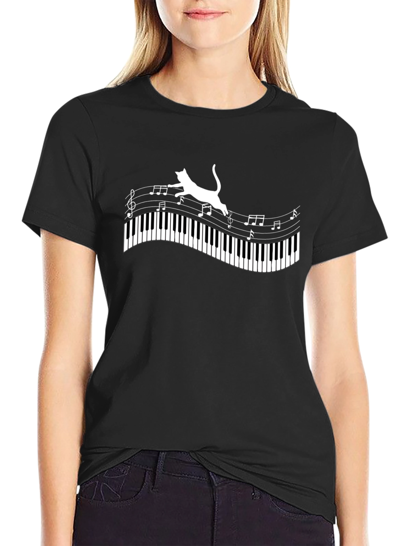 Cat on Piano Keys Music Notes Graphic Tee