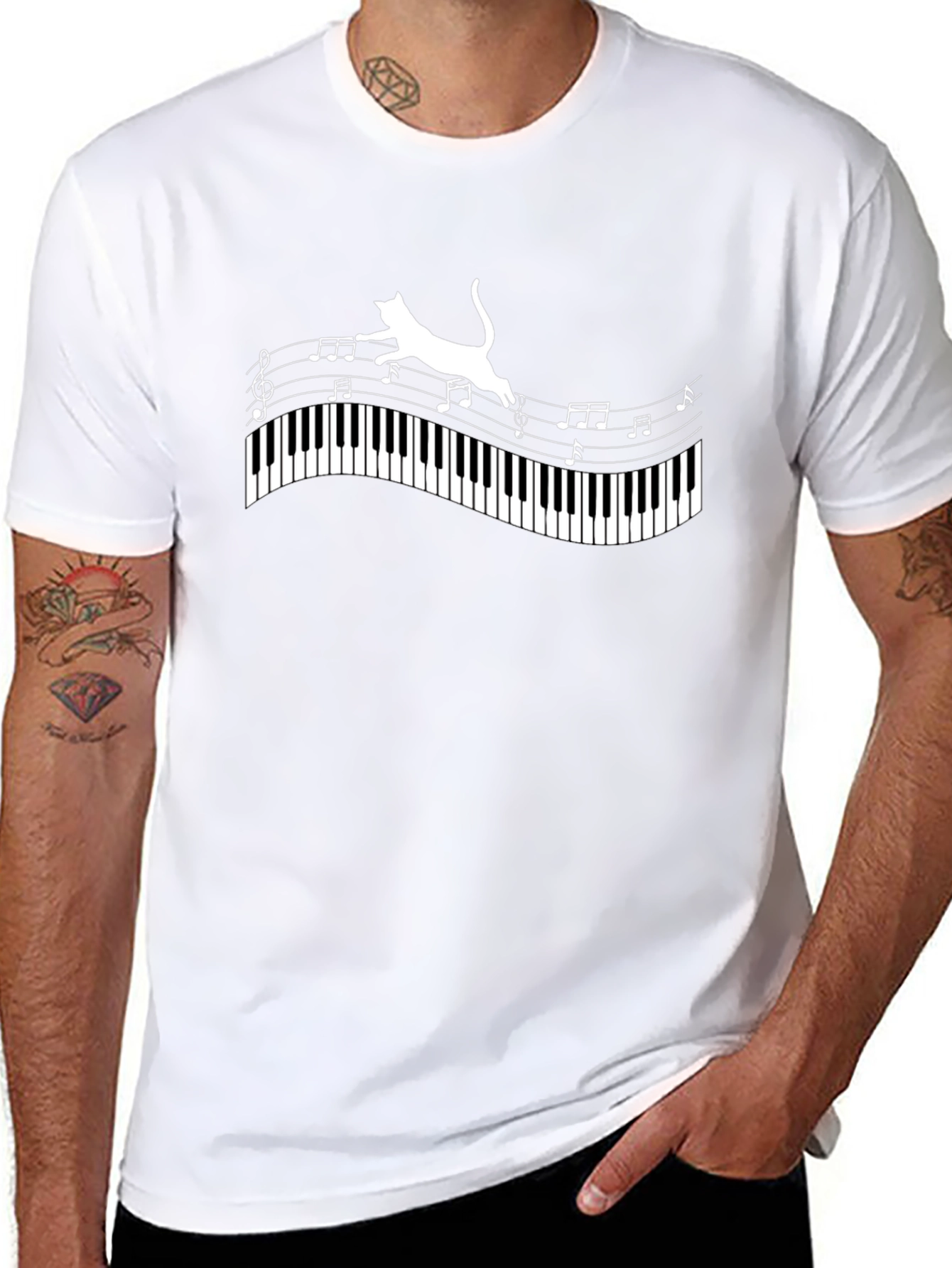 Cat on Piano Keys Music Notes Graphic Tee