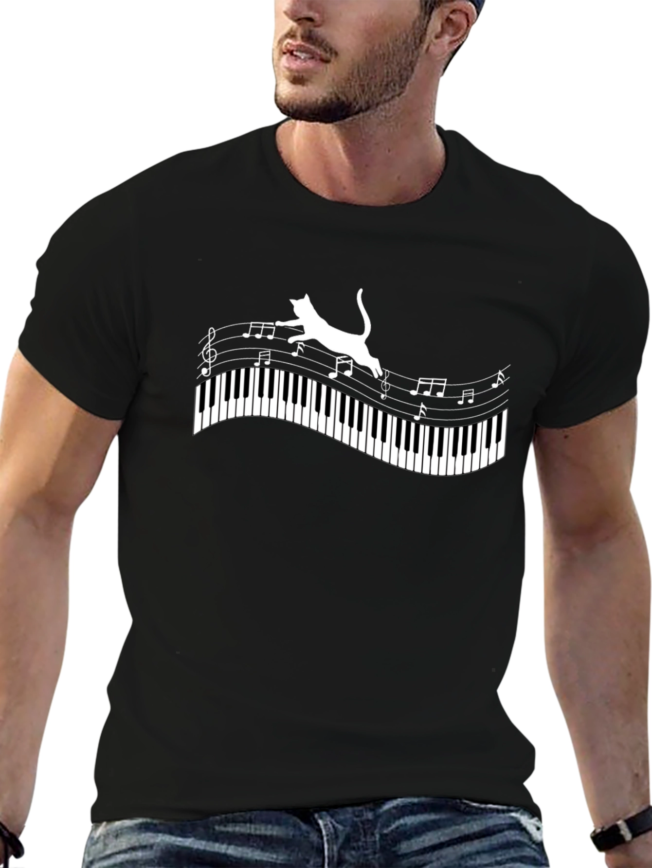 Cat on Piano Keys Music Notes Graphic Tee