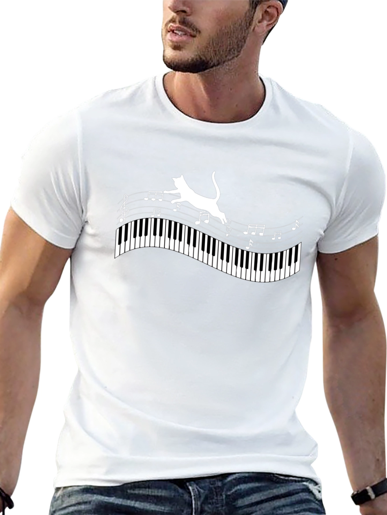 Cat on Piano Keys Music Notes Graphic Tee
