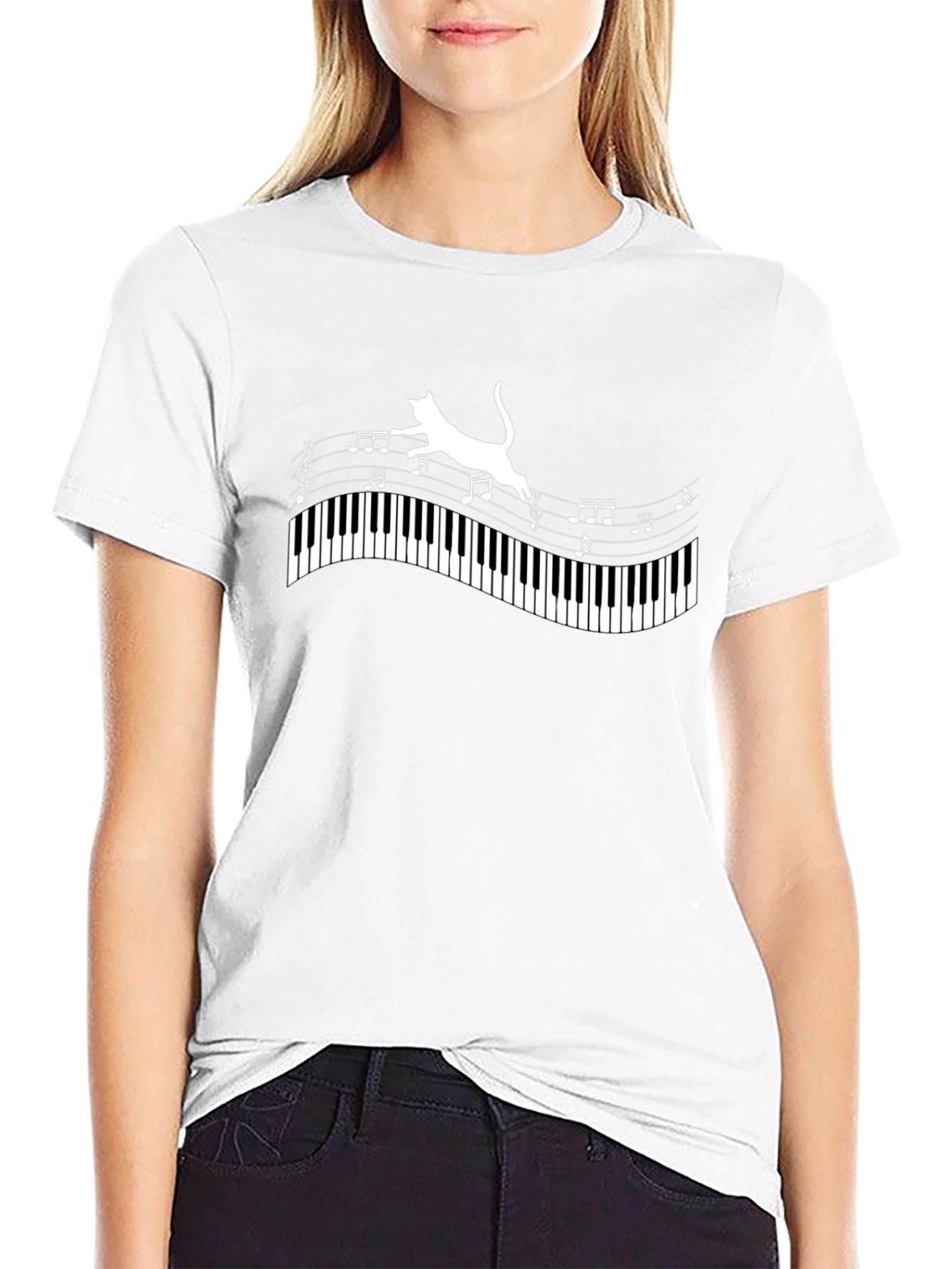 Cat on Piano Keys Music Notes Graphic Tee