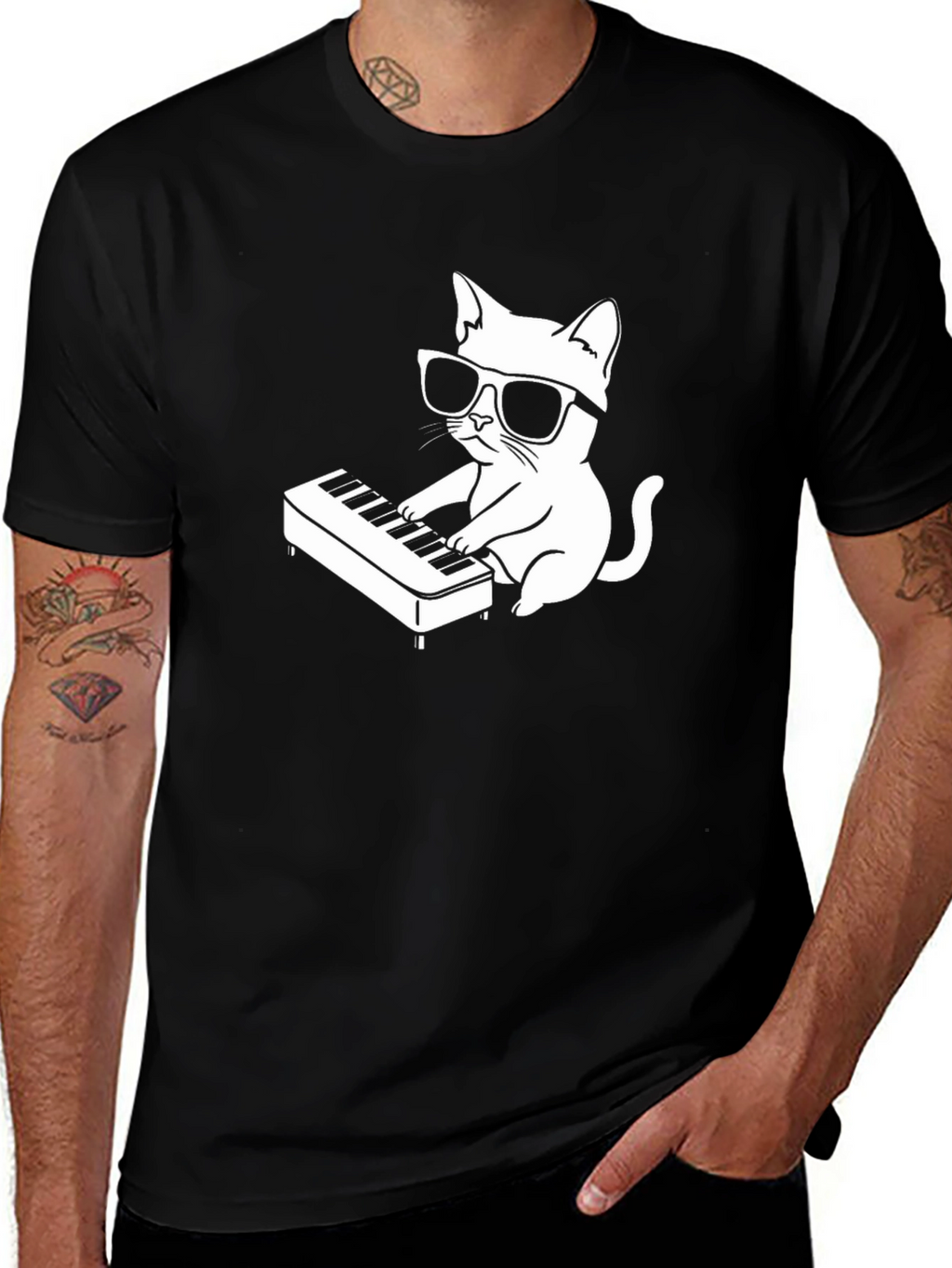 Cool Cat Playing Piano T-Shirt - Black