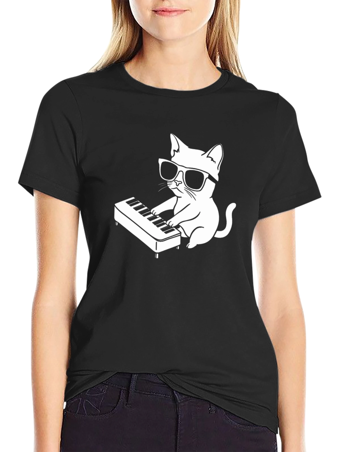 Cool Cat Playing Piano T-Shirt - Black
