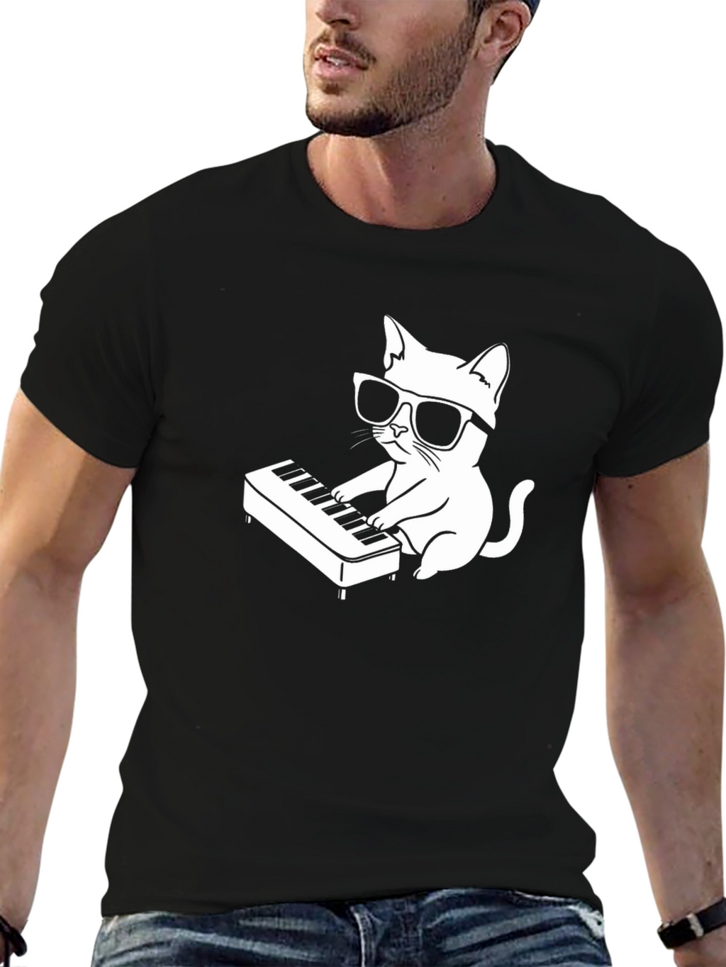 Cool Cat Playing Piano T-Shirt - Black