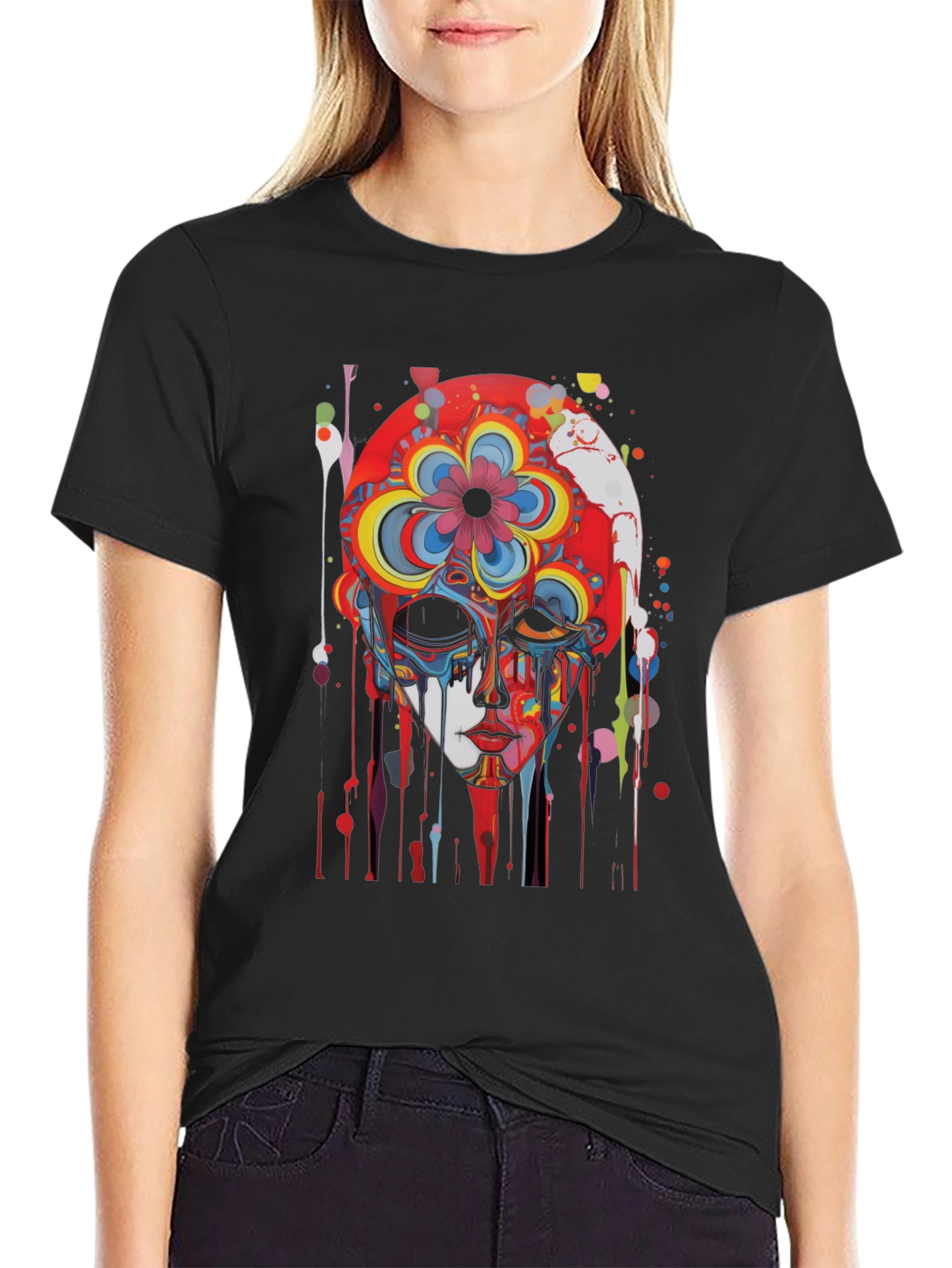 Abstract Floral Skull Graphic Tee - Mens Black T-Shirt
