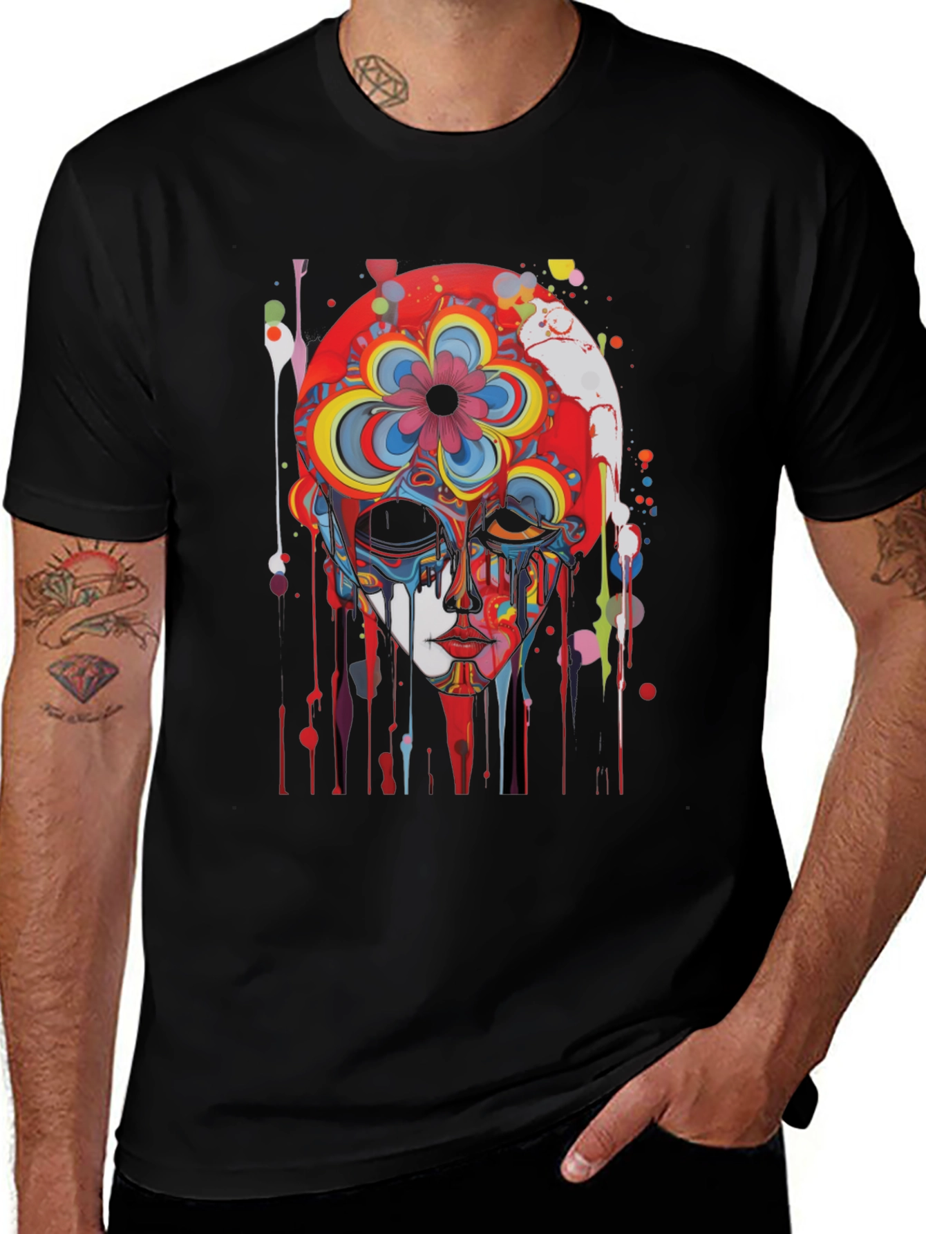 Abstract Floral Skull Graphic Tee - Mens Black T-Shirt