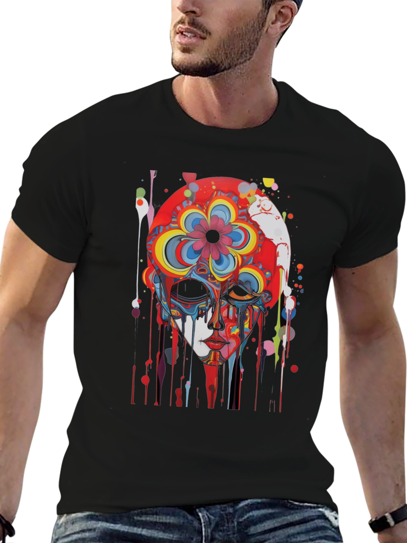 Abstract Floral Skull Graphic Tee - Mens Black T-Shirt