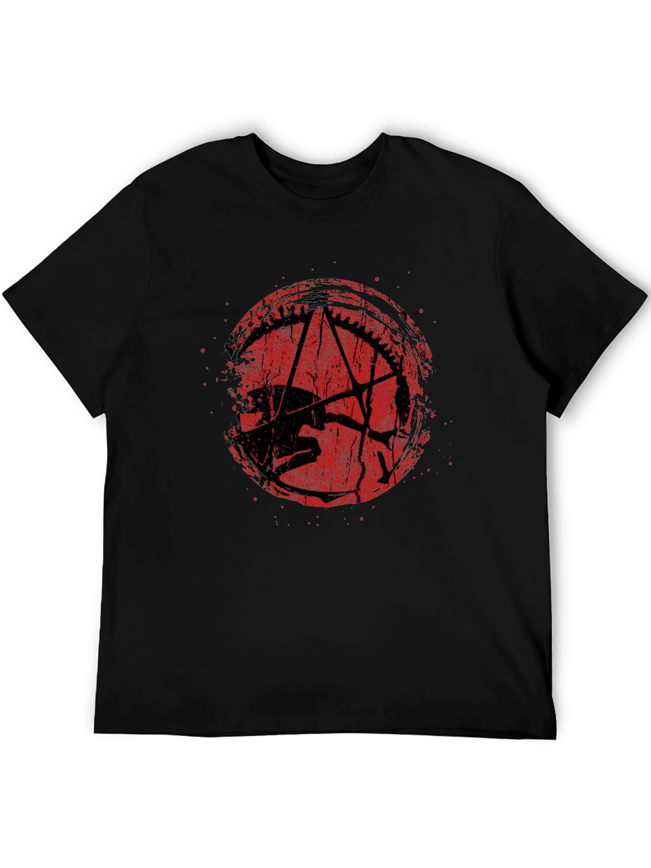 Distressed Red Pentagram Graphic Black T-Shirt