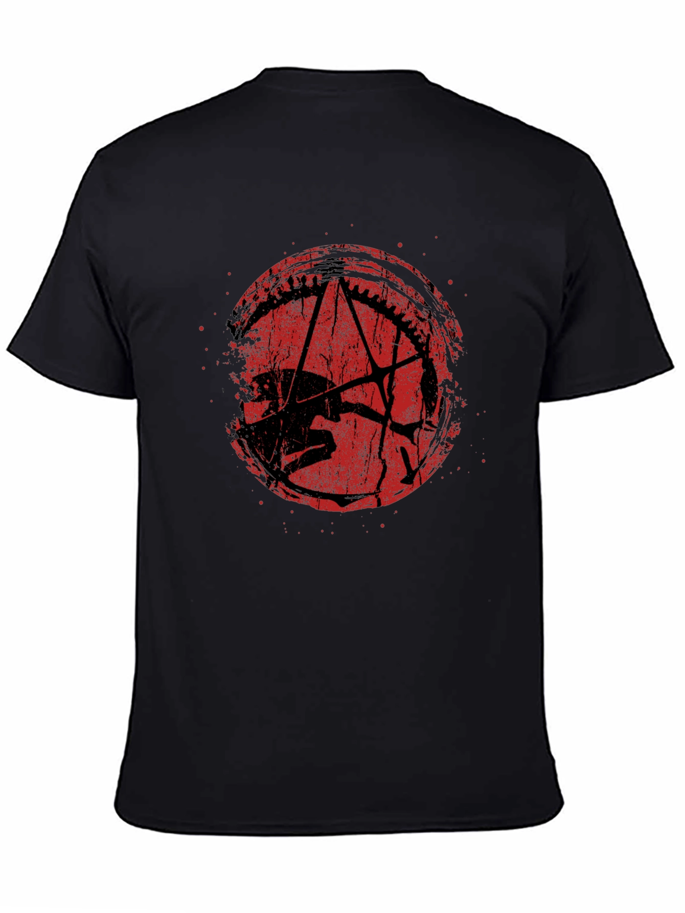 Distressed Red Pentagram Graphic Black T-Shirt