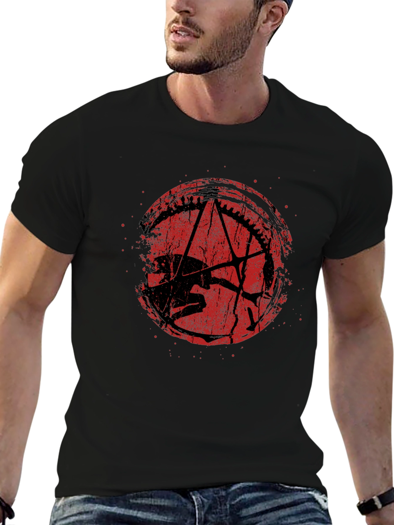 Distressed Red Pentagram Graphic Black T-Shirt