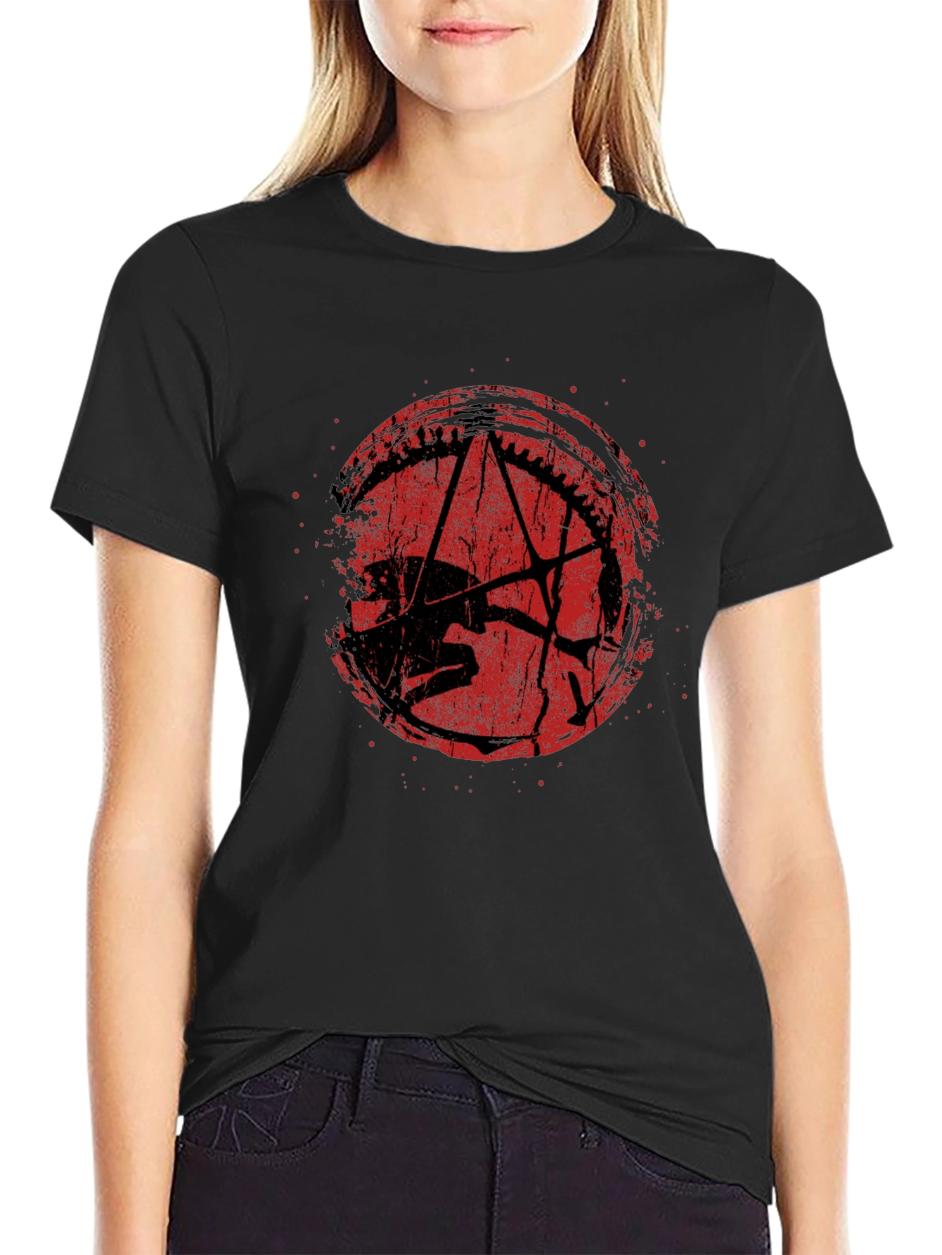 Distressed Red Pentagram Graphic Black T-Shirt