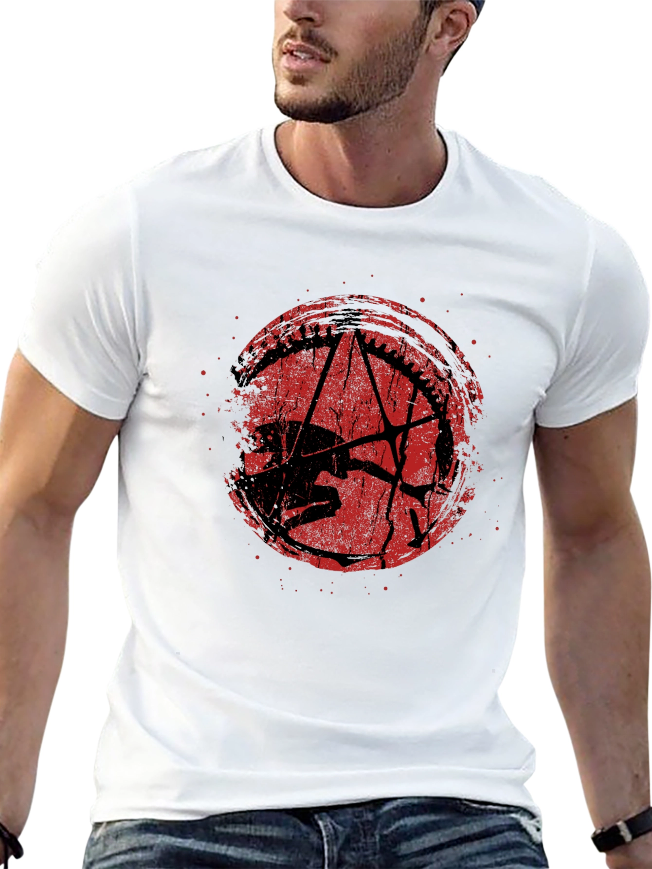 Distressed Red Pentagram Graphic Black T-Shirt