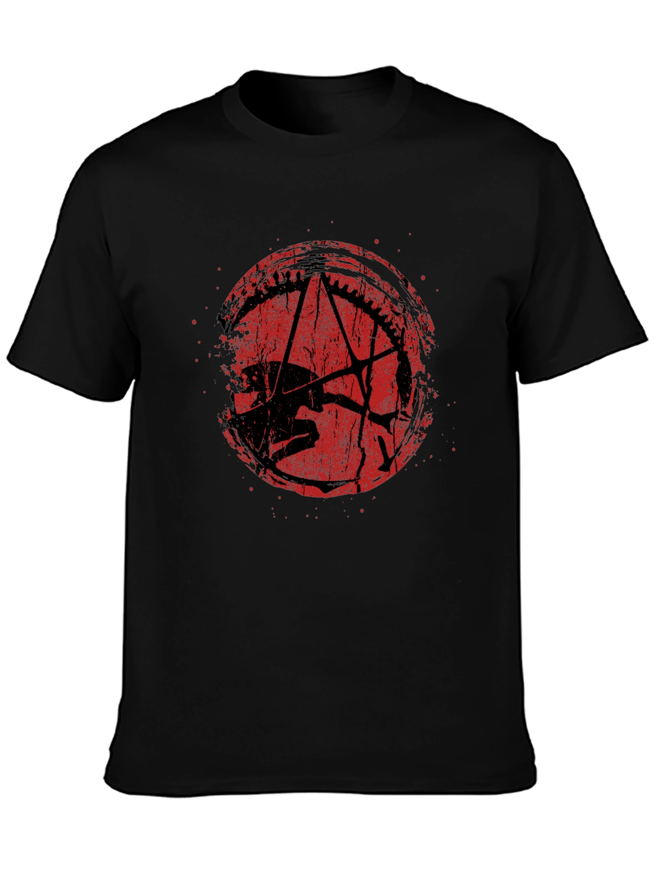 Distressed Red Pentagram Graphic Black T-Shirt