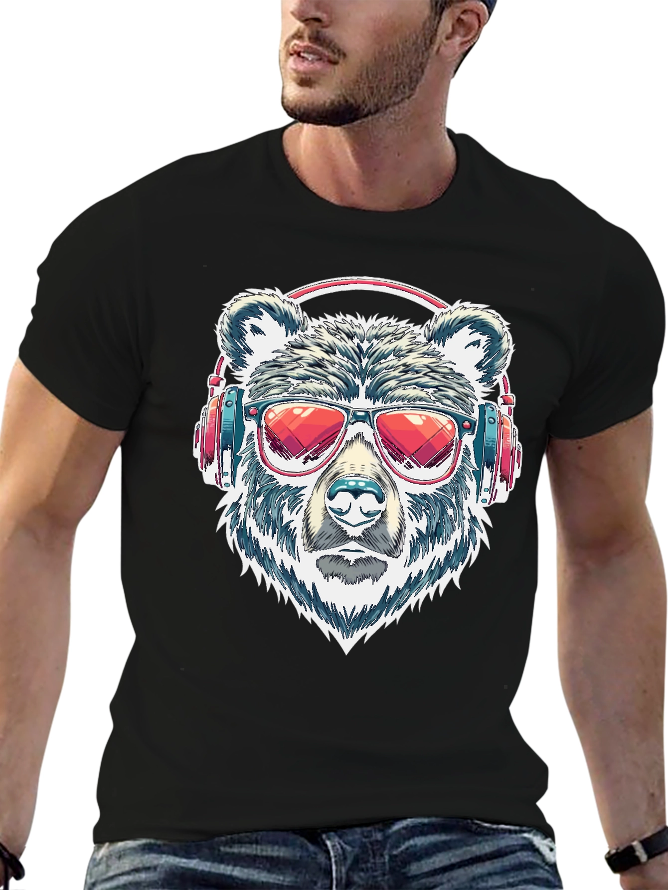 Cool Bear with Headphones Graphic T-Shirt