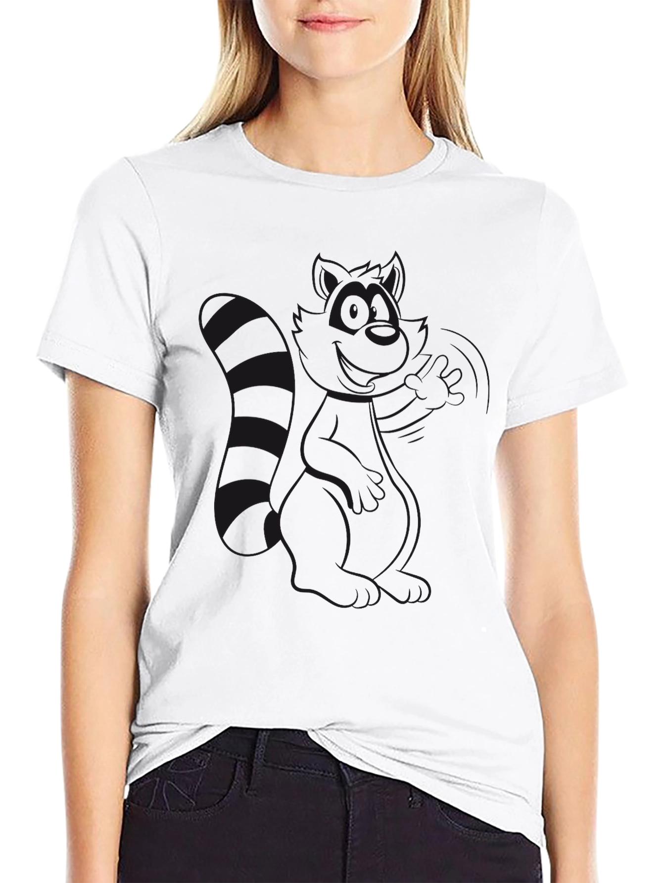 Black Crew Neck T-Shirt - Raccoon Design