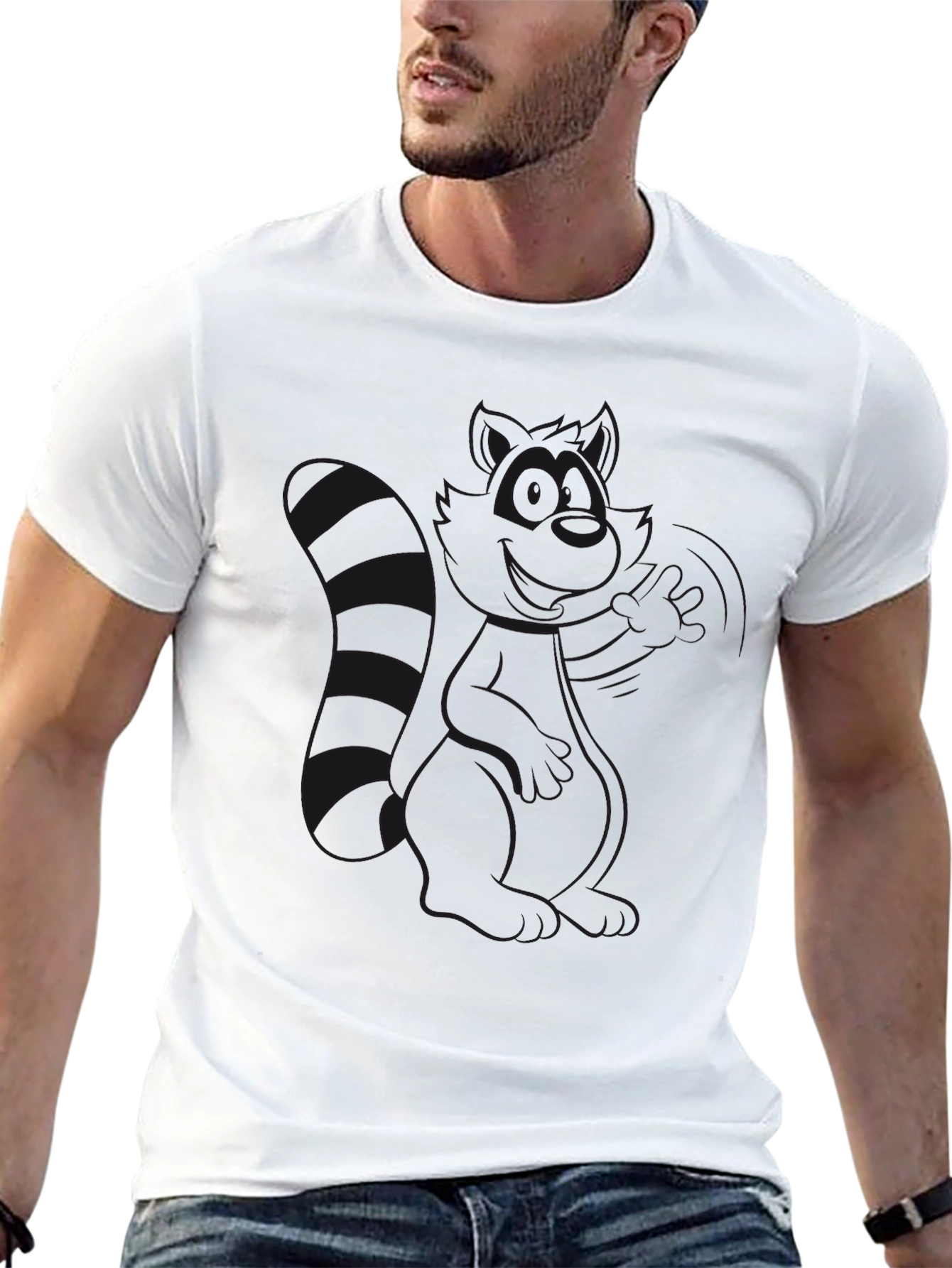 Black Crew Neck T-Shirt - Raccoon Design