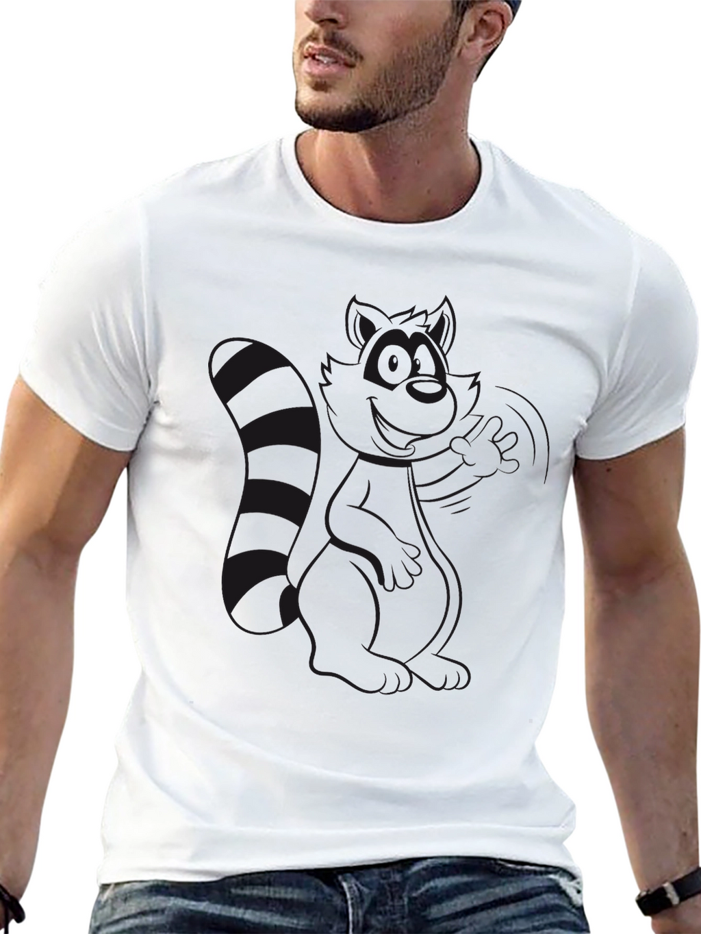 Black Crew Neck T-Shirt - Raccoon Design